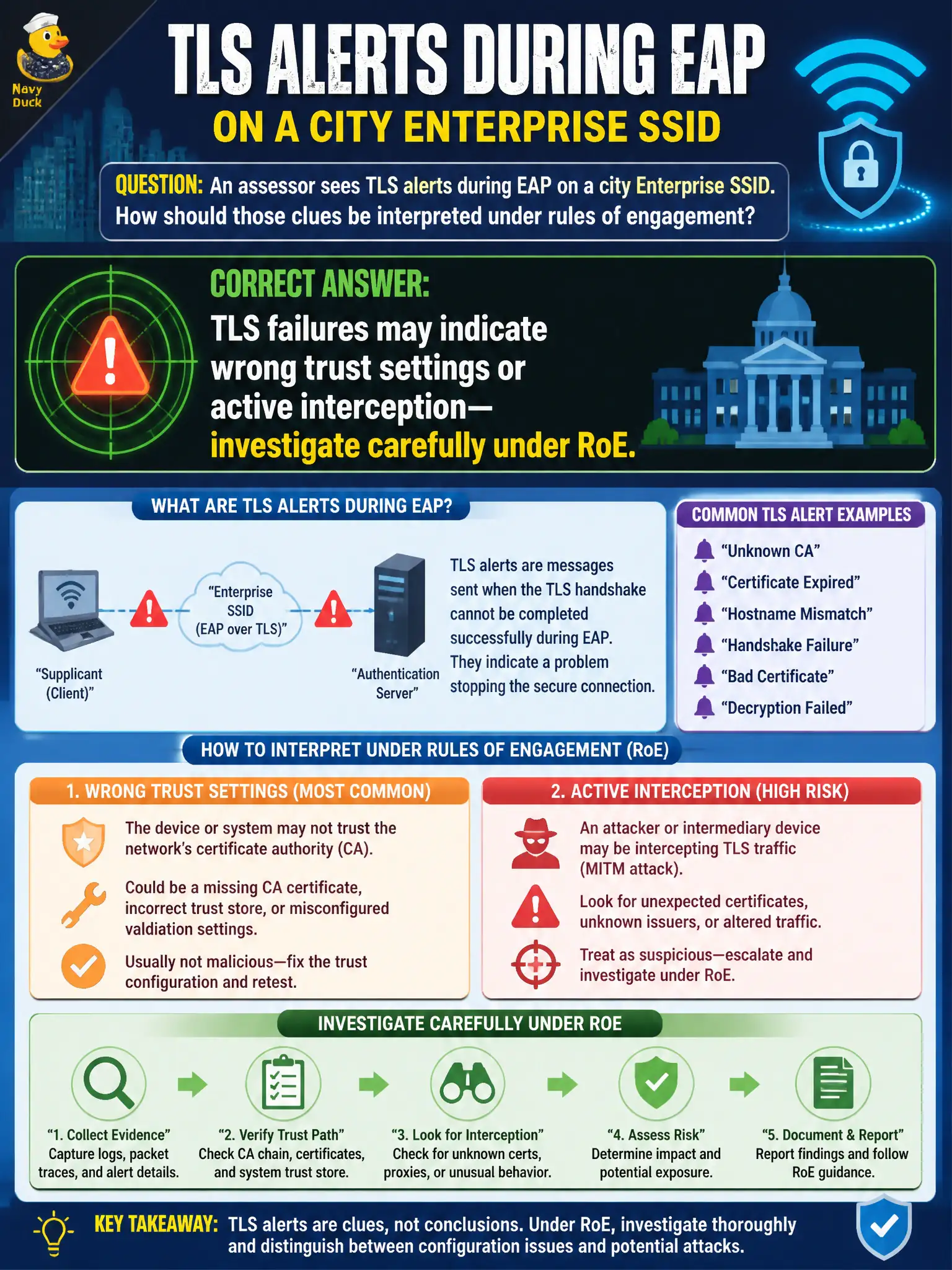 To Create an exciting colorful infographic that explains the concepts in the question: Question: An assessor sees TLS alerts during EAP on a city Enterprise SSID. How should those clues be interpreted under rules of engagement? Correct Answer: TLS failures may indicate wrong trust settings or active interception—investigate carefully under RoE. Put EVERY visible label in double quotes. No people. No A/B/C/D letters. In one of the four corners put a little "Navy Duck".