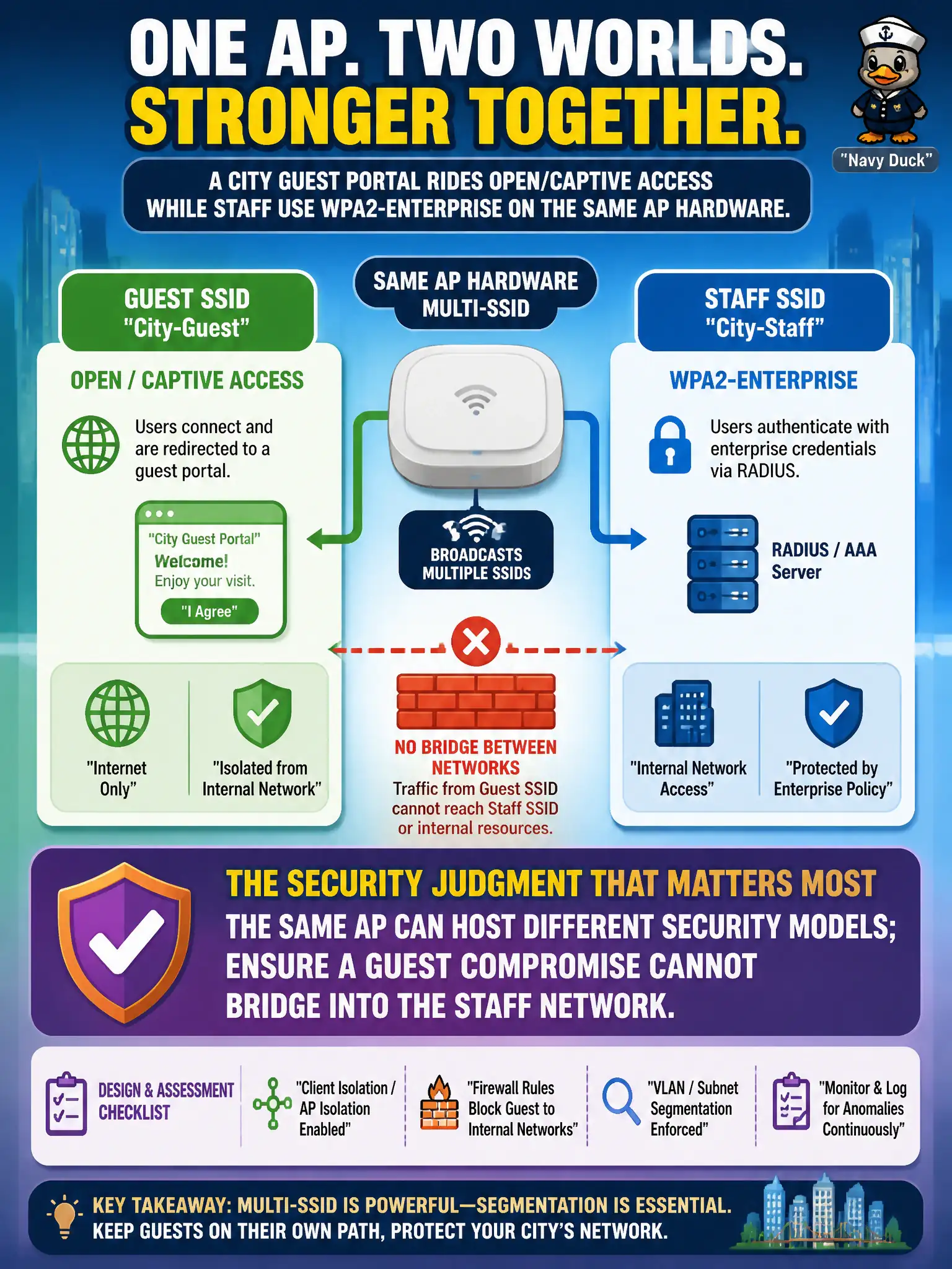 To Create an exciting colorful infographic that explains the concepts in the question: Question: A city guest portal rides open/captive access while staff use WPA2-Enterprise on the same AP hardware. What multi-SSID security judgment matters most for assessment and design advice? Correct Answer: The same AP can host different security models; ensure a guest compromise cannot bridge into the staff network. Put EVERY visible label in double quotes. No people. No A/B/C/D letters. In one of the four corners put a little "Navy Duck".