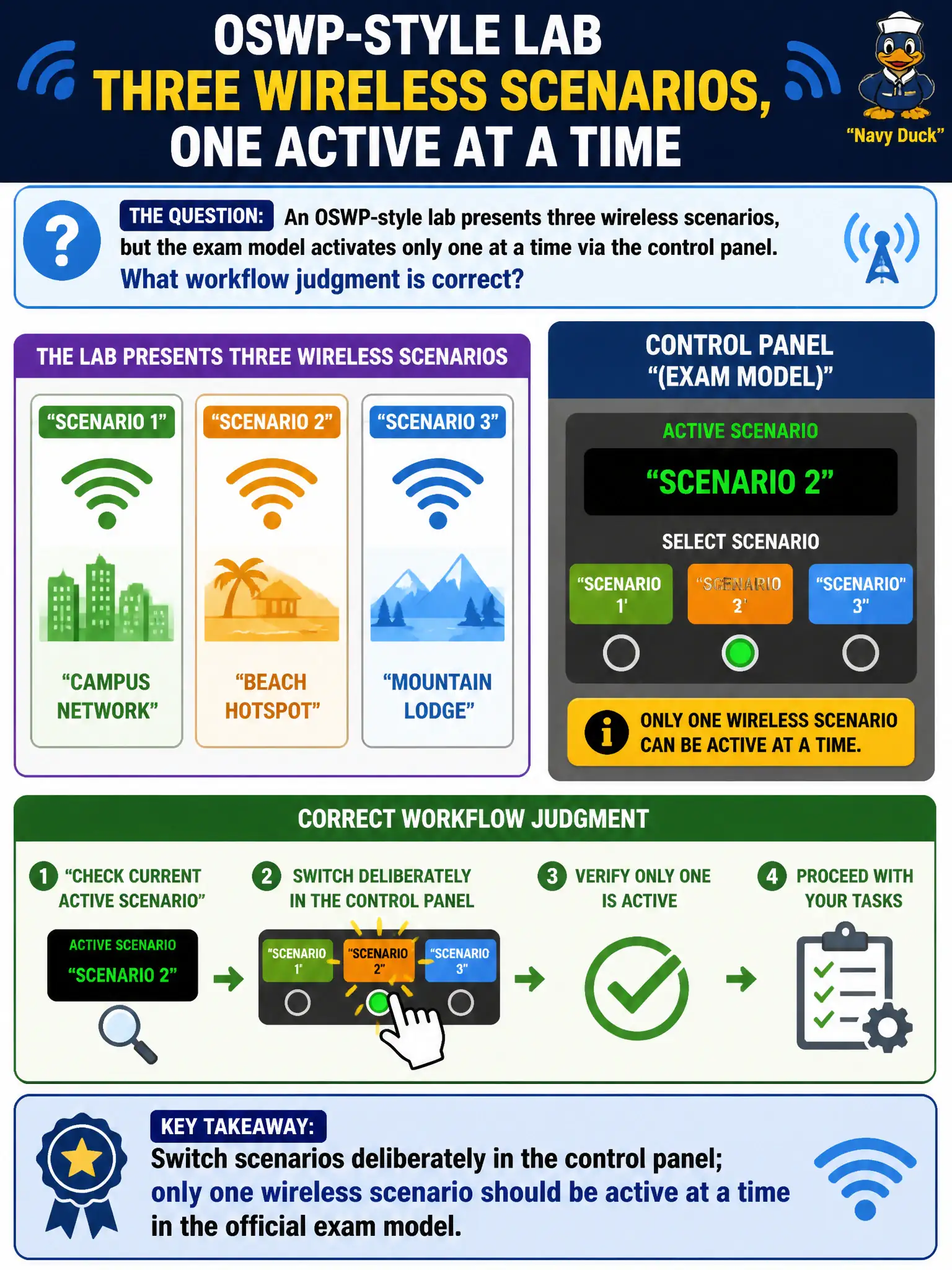 To Create an exciting colorful infographic that explains the concepts in the question: Question: An OSWP-style lab presents three wireless scenarios, but the exam model activates only one at a time via the control panel. What workflow judgment is correct? Correct Answer: Switch scenarios deliberately in the control panel; only one wireless scenario should be active at a time in the official exam model. Put EVERY visible label in double quotes. No people. No A/B/C/D letters. In one of the four corners put a little "Navy Duck".