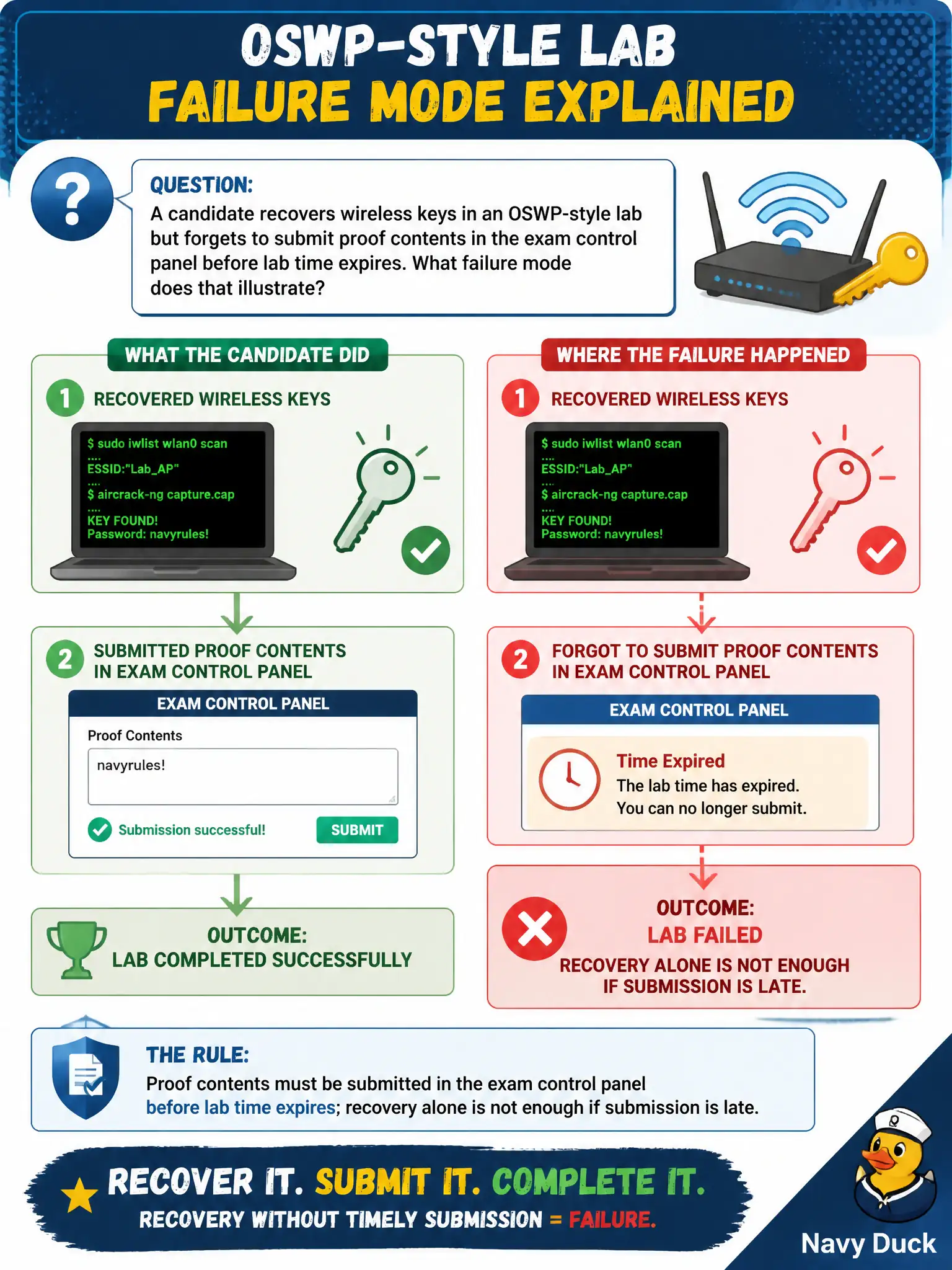 To Create an exciting colorful infographic that explains the concepts in the question: Question: A candidate recovers wireless keys in an OSWP-style lab but forgets to submit proof contents in the exam control panel before lab time expires. What failure mode does that illustrate? Correct Answer: Proof contents must be submitted in the exam control panel before lab time expires; recovery alone is not enough if submission is late. Put EVERY visible label in double quotes. No people. No A/B/C/D letters. In one of the four corners put a little "Navy Duck".