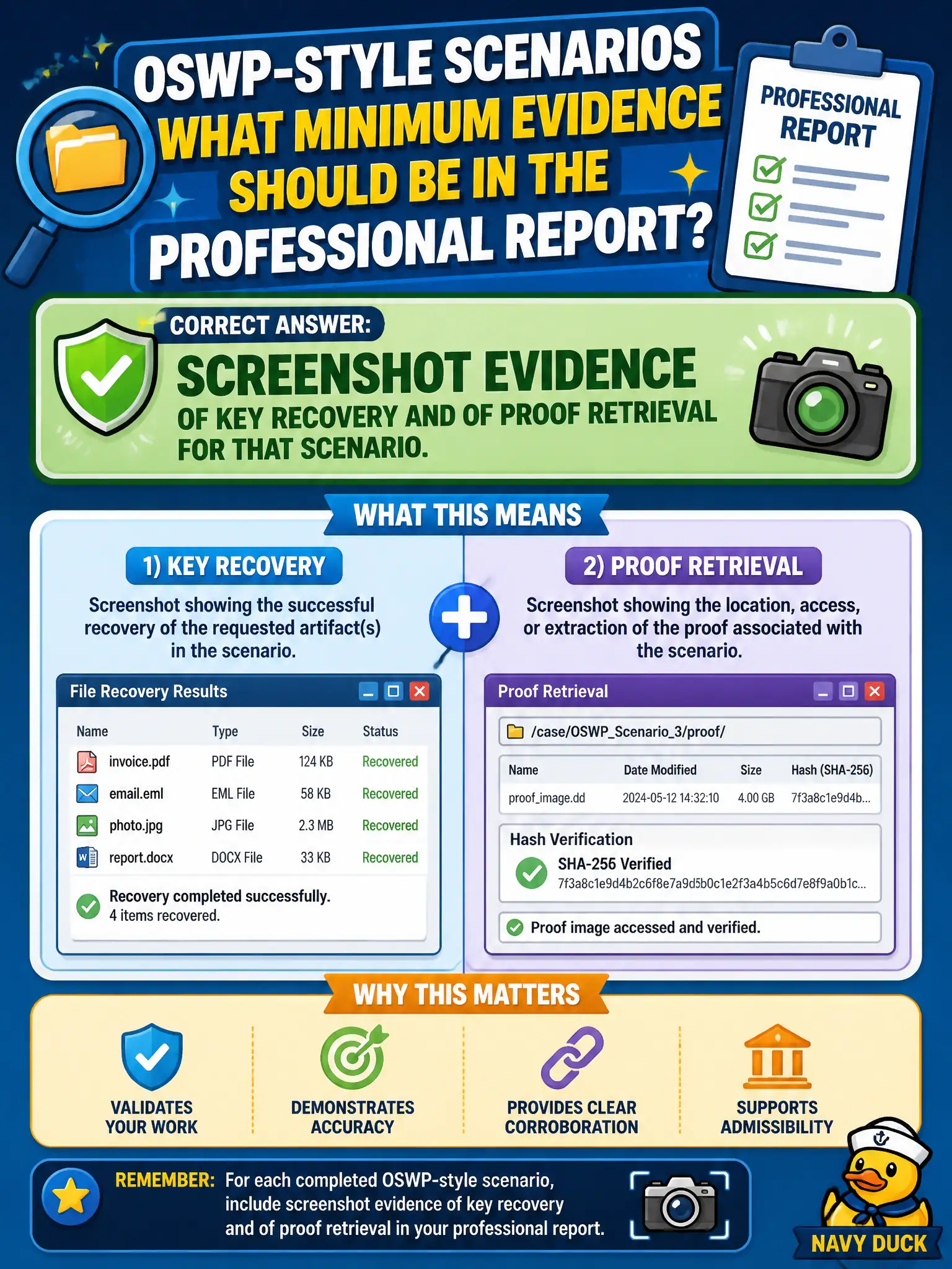 To Create an exciting colorful infographic that explains the concepts in the question: Question: For each completed OSWP-style scenario, what minimum evidence class should appear in the professional report besides narrative steps? Correct Answer: Screenshot evidence of key recovery and of proof retrieval for that scenario. Put EVERY visible label in double quotes. No people. No A/B/C/D letters. In one of the four corners put a little "Navy Duck".