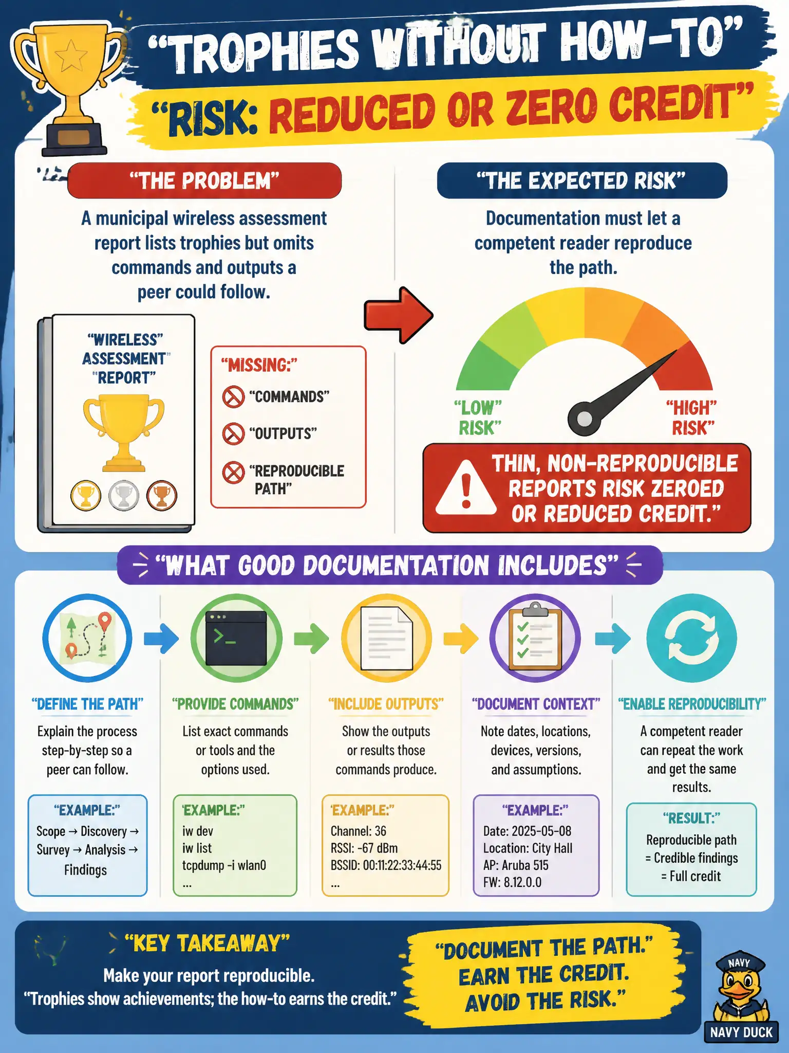 To Create an exciting colorful infographic that explains the concepts in the question: Question: A municipal wireless assessment report lists trophies but omits commands and outputs a peer could follow. What scoring or quality risk should the author expect? Correct Answer: Documentation must let a competent reader reproduce the path; thin, non-reproducible reports risk zeroed or reduced credit. Put EVERY visible label in double quotes. No people. No A/B/C/D letters. In one of the four corners put a little "Navy Duck".