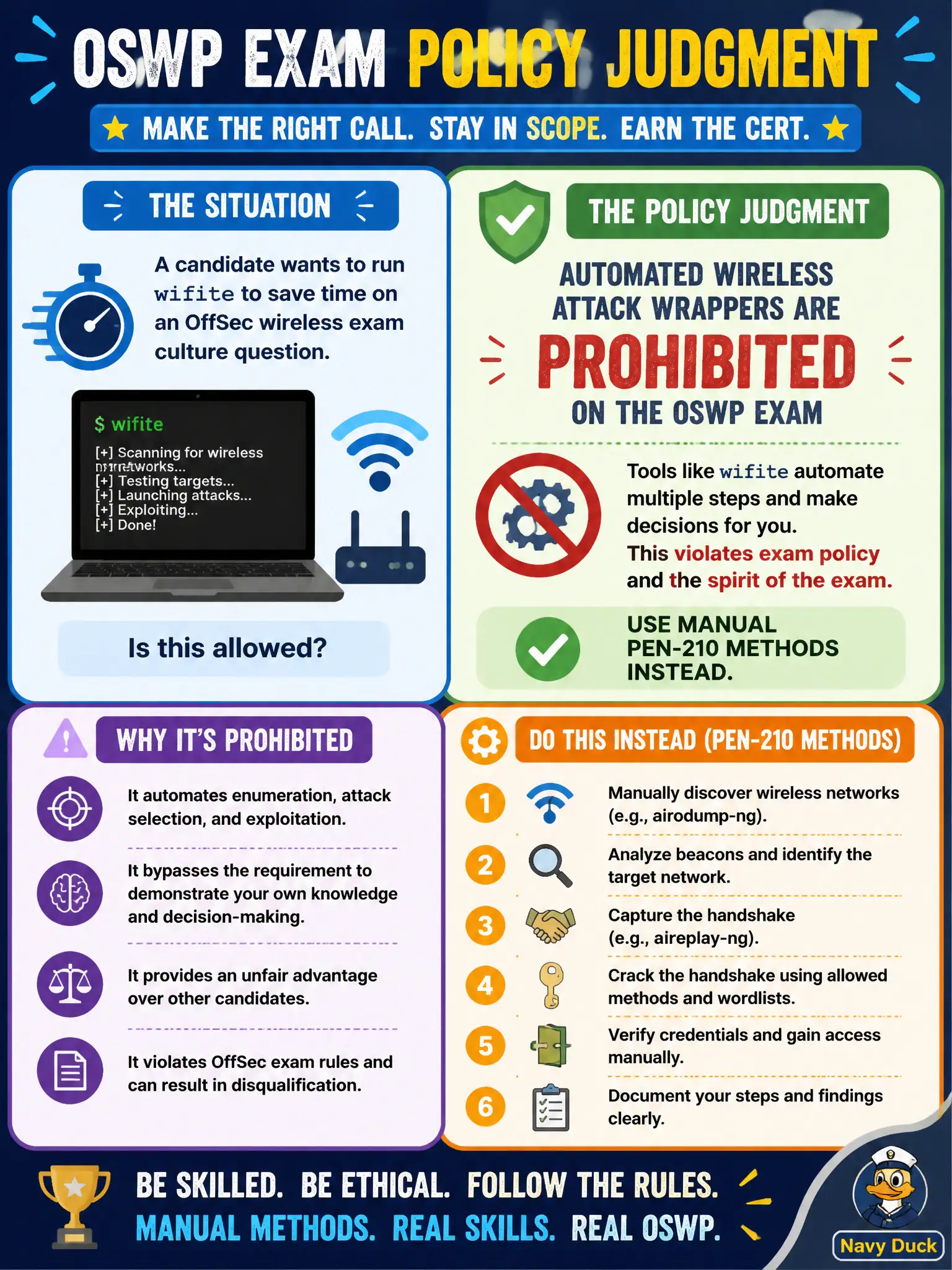 To Create an exciting colorful infographic that explains the concepts in the question: Question: A candidate wants to run wifite to save time on an OffSec wireless exam culture question. What policy judgment is correct? Correct Answer: Automated wireless attack wrappers are prohibited on the OSWP exam; use manual PEN-210 methods instead. Put EVERY visible label in double quotes. No people. No A/B/C/D letters. In one of the four corners put a little "Navy Duck".