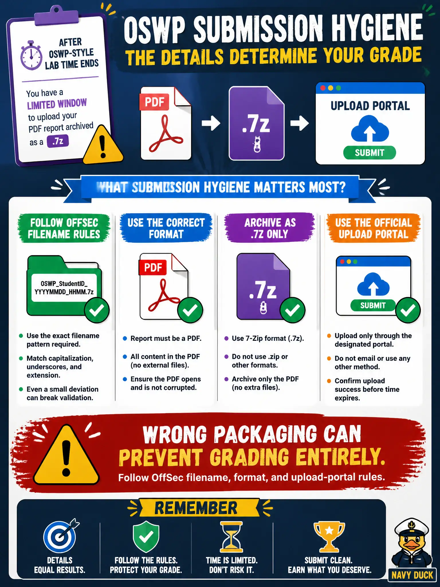 To Create an exciting colorful infographic that explains the concepts in the question: Question: After OSWP-style lab time ends, the candidate has a limited window to upload a PDF report archived as a .7z with a strict filename pattern. What submission hygiene matters most? Correct Answer: Follow OffSec filename, format, and upload-portal rules; wrong packaging can prevent grading entirely. Put EVERY visible label in double quotes. No people. No A/B/C/D letters. In one of the four corners put a little "Navy Duck".