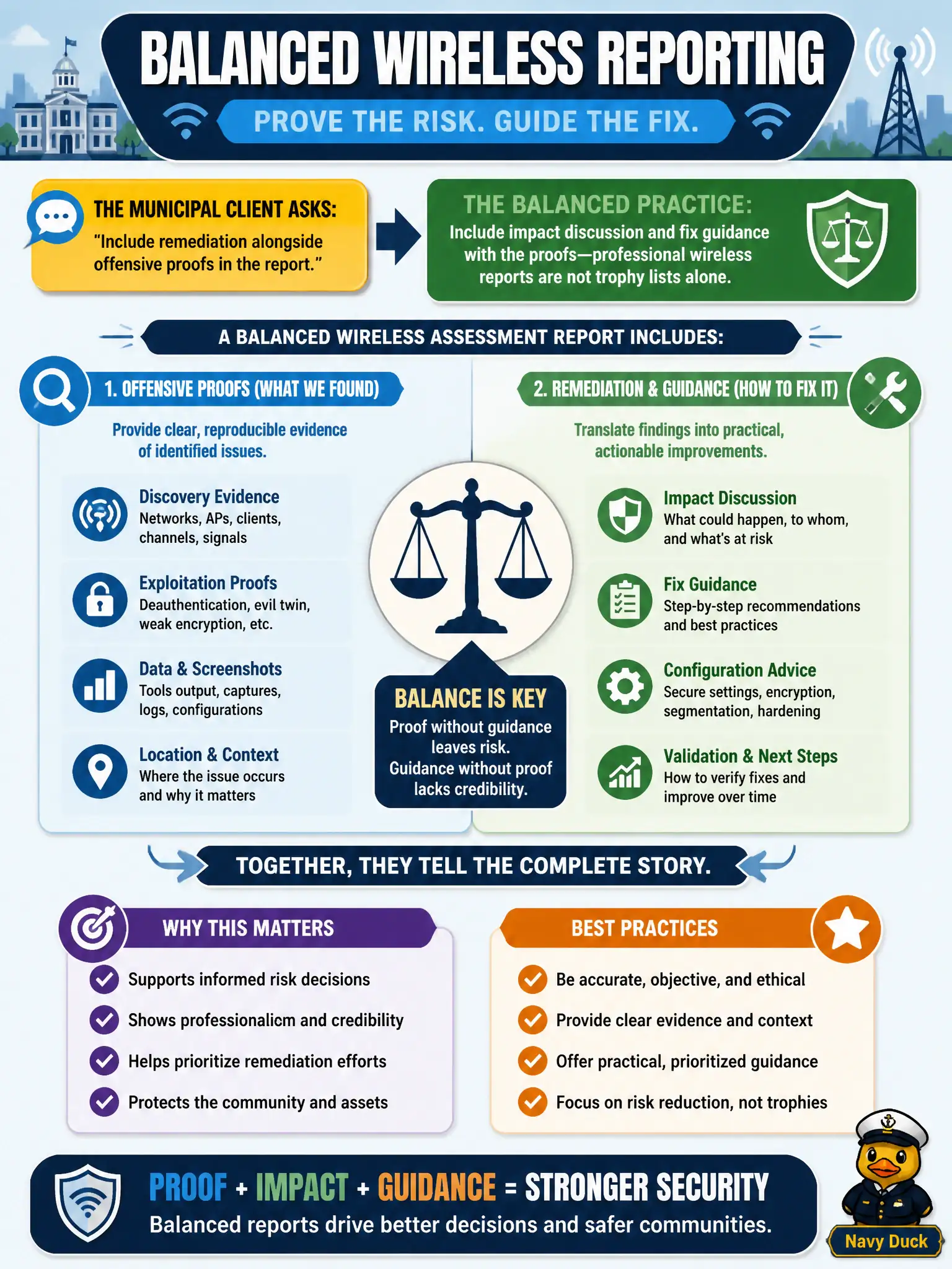 To Create an exciting colorful infographic that explains the concepts in the question: Question: A municipal client asks that the wireless assessment report include remediation alongside offensive proofs. What balanced reporting practice should the consultant follow? Correct Answer: Include impact discussion and fix guidance with the proofs—professional wireless reports are not trophy lists alone. Put EVERY visible label in double quotes. No people. No A/B/C/D letters. In one of the four corners put a little "Navy Duck".