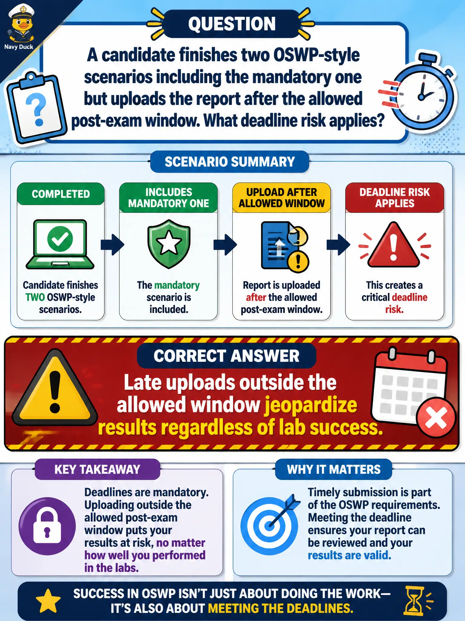 To Create an exciting colorful infographic that explains the concepts in the question: Question: A candidate finishes two OSWP-style scenarios including the mandatory one but uploads the report after the allowed post-exam window. What deadline risk applies? Correct Answer: Late uploads outside the allowed window jeopardize results regardless of lab success. Put EVERY visible label in double quotes. No people. No A/B/C/D letters. In one of the four corners put a little "Navy Duck".