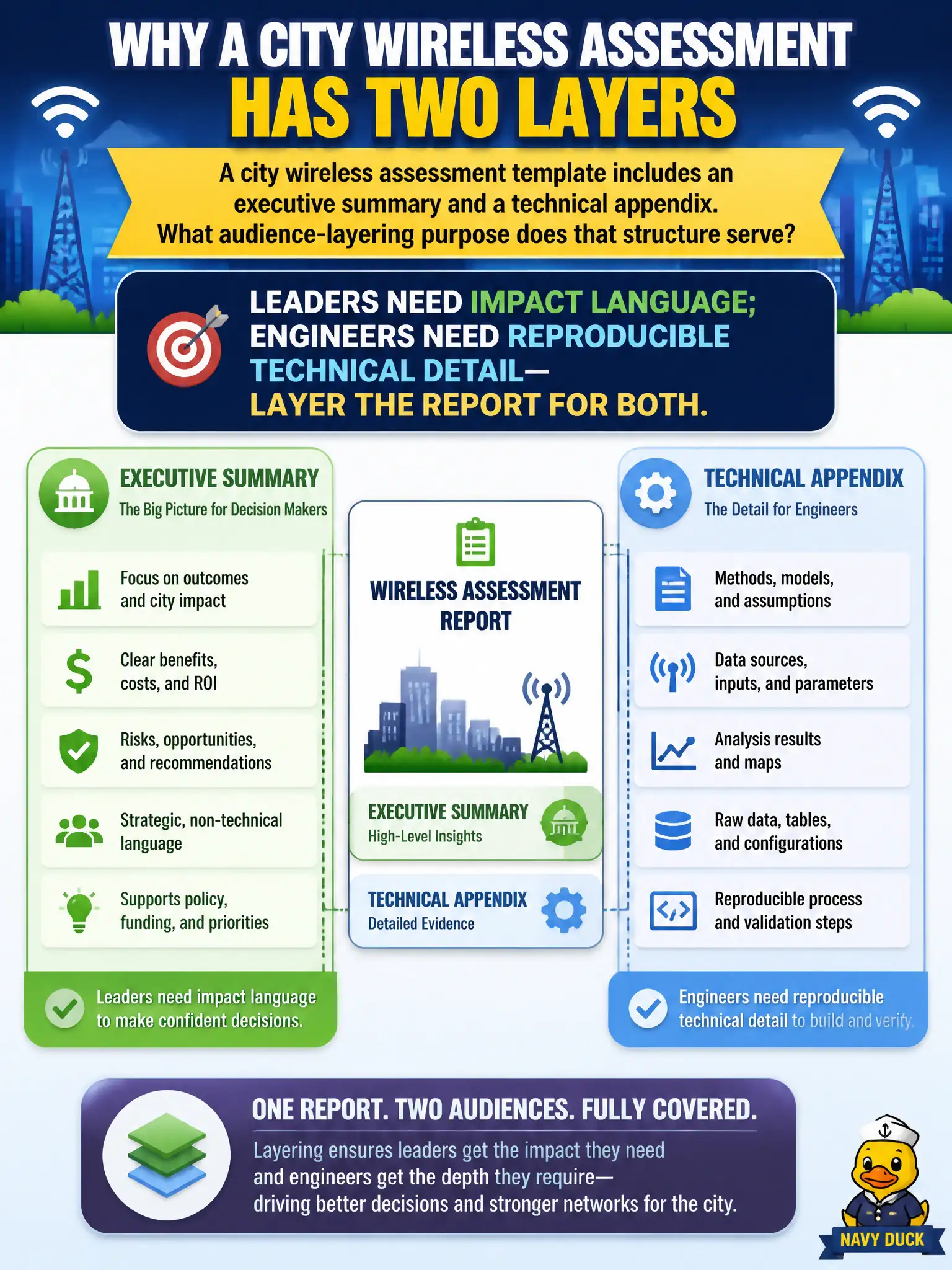 To Create an exciting colorful infographic that explains the concepts in the question: Question: A city wireless assessment template includes an executive summary and a technical appendix. What audience-layering purpose does that structure serve? Correct Answer: Leaders need impact language; engineers need reproducible technical detail—layer the report for both. Put EVERY visible label in double quotes. No people. No A/B/C/D letters. In one of the four corners put a little "Navy Duck".