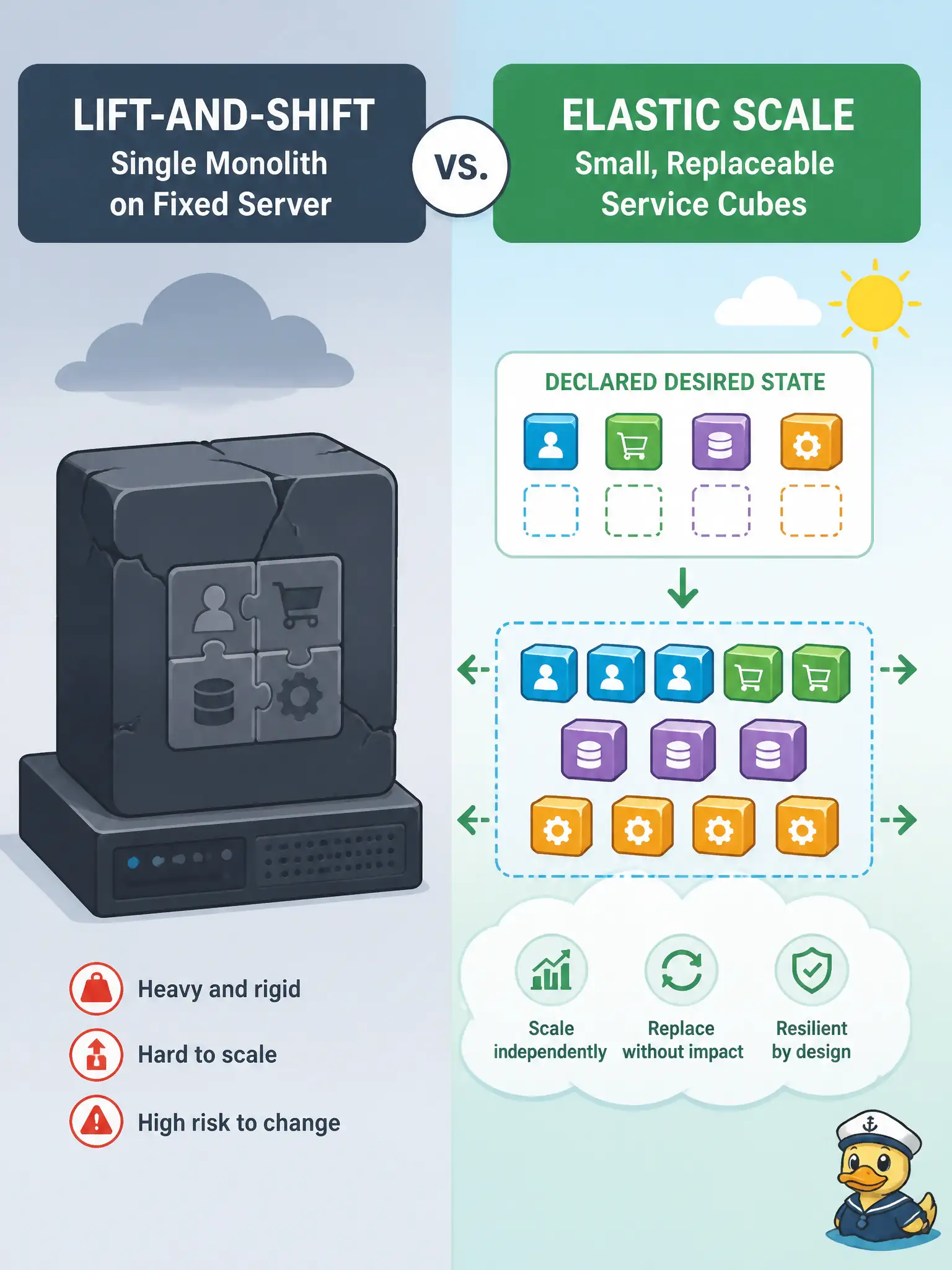 To Create an exciting colorful infographic that explains the concepts in the question: Question: A city permitting office relocates its long-lived JVM monolith onto OCI Compute instances with the same nightly patch cycle and shared in-memory session store. Which change would most clearly move the workload toward a cloud-native design? Correct Answer: Break the monolith into small independently shippable units that declare desired state and treat infrastructure as replaceable. Put EVERY visible label in double quotes. No people. No A/B/C/D letters. In one of the four corners put a little "Navy Duck".