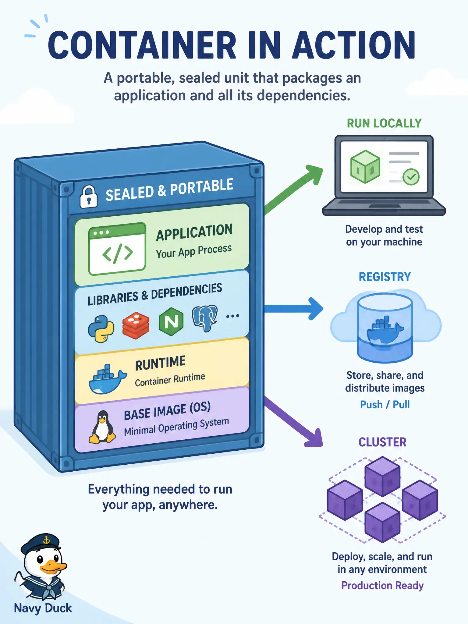To Create an exciting colorful infographic that explains the concepts in the question: Question: A municipal utility team wants every build of its meter-reading API to run the same way on a laptop, in a registry, and later on a managed cluster. Which packaging choice best expresses that cloud-native unit of delivery? Correct Answer: Package the process with its dependencies as a portable, isolated container image that becomes the shippable artifact. Put EVERY visible label in double quotes. No people. No A/B/C/D letters. In one of the four corners put a little "Navy Duck".