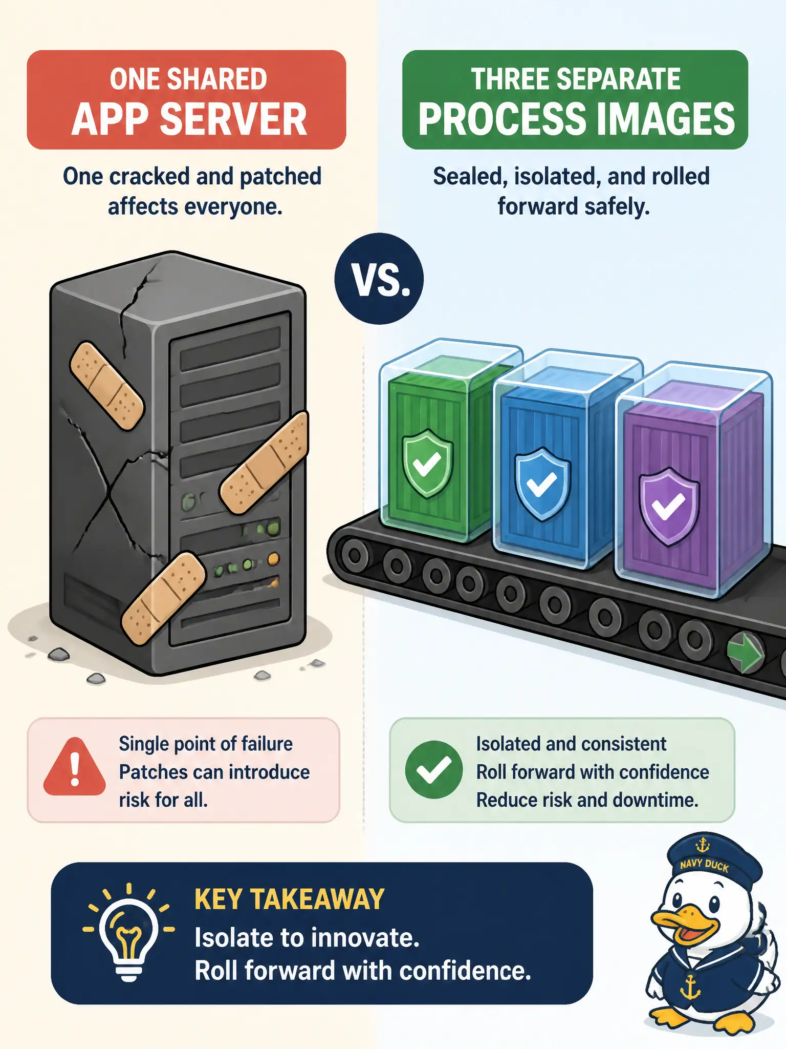 To Create an exciting colorful infographic that explains the concepts in the question: Question: A county records portal still runs three unrelated apps on one long-lived middleware host that operators patch in place after each CVE. What cloud-native deployment posture should replace that shared farm? Correct Answer: Ship each app as a self-contained, replaceable process image (or function) that you roll forward instead of nursing a shared app-server farm. Put EVERY visible label in double quotes. No people. No A/B/C/D letters. In one of the four corners put a little "Navy Duck".