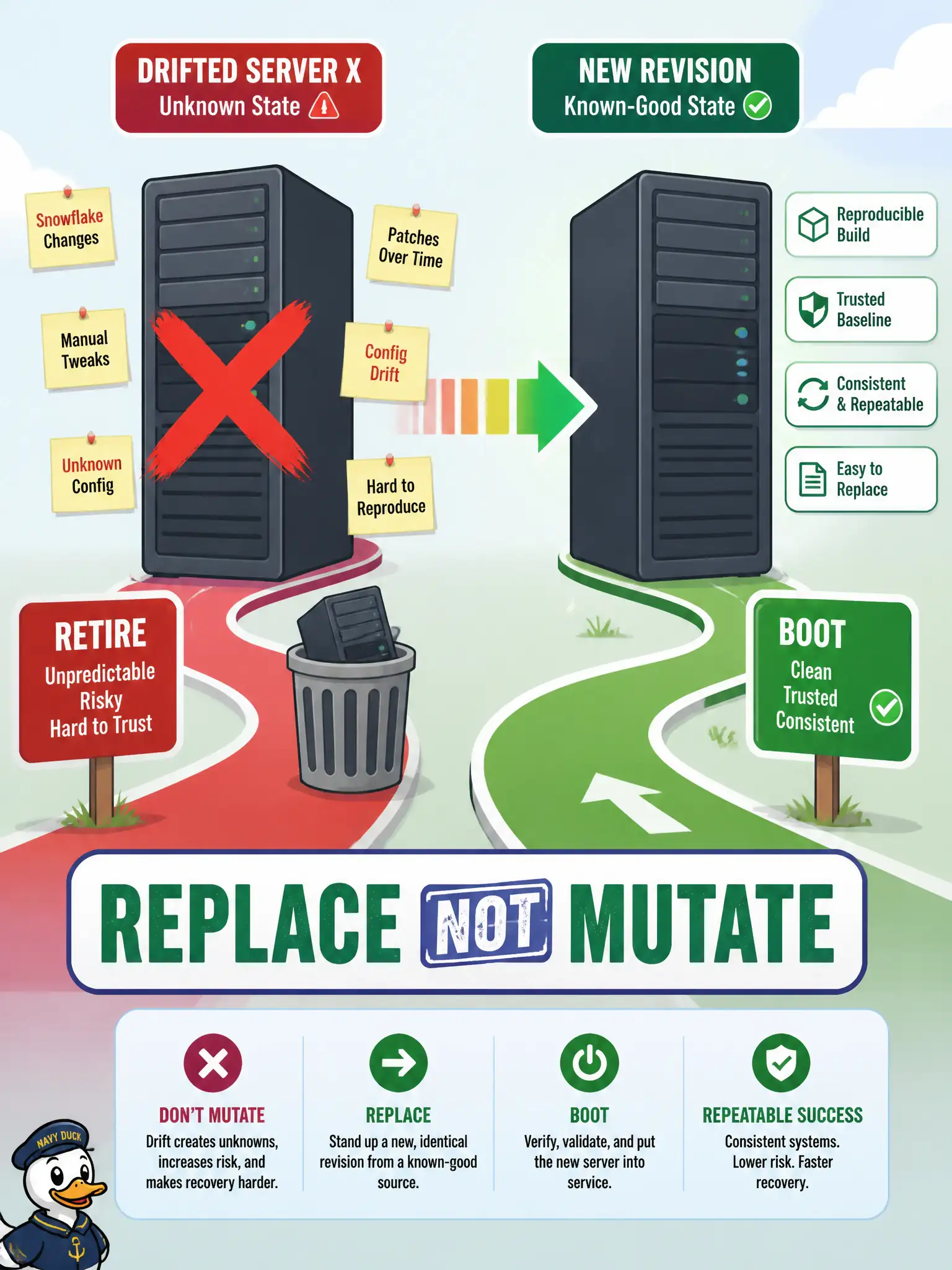 To Create an exciting colorful infographic that explains the concepts in the question: Question: During a late-night outage, a transit-authority developer finds a misconfigured runtime on a production host and is tempted to SSH in and edit files until the service recovers. Which immutable-infrastructure response is the cloud-native alternative? Correct Answer: Launch a new known-good revision of the image or host and retire the drifted one so rollback is a redeploy of yesterday’s artifact. Put EVERY visible label in double quotes. No people. No A/B/C/D letters. In one of the four corners put a little "Navy Duck".