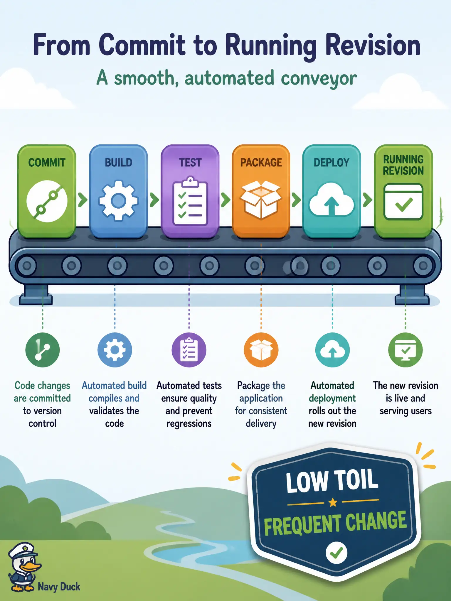 To Create an exciting colorful infographic that explains the concepts in the question: Question: A city open-data portal team wants high-impact configuration changes to feel routine instead of heroic overnight projects. Which approach best matches the cloud-native goal of frequent, predictable change? Correct Answer: Automate the path from commit to a running revision so releases stay repeatable and low-toil. Put EVERY visible label in double quotes. No people. No A/B/C/D letters. In one of the four corners put a little "Navy Duck".