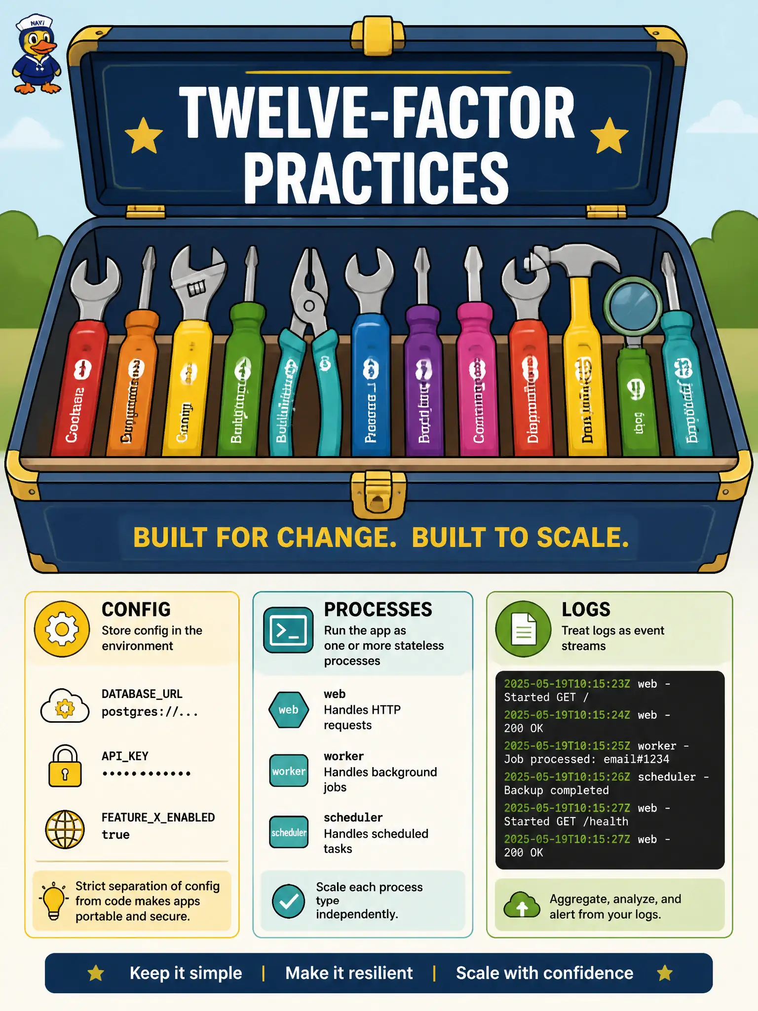 To Create an exciting colorful infographic that explains the concepts in the question: Question: While reviewing a design for a municipal notifications service, an architect cites twelve-factor as guidance for portable, disposable processes with externalized configuration. How should that guidance be treated on the exam? Correct Answer: As a family of practices for cloud-native process design that you apply to concrete design choices. Put EVERY visible label in double quotes. No people. No A/B/C/D letters. In one of the four corners put a little "Navy Duck".