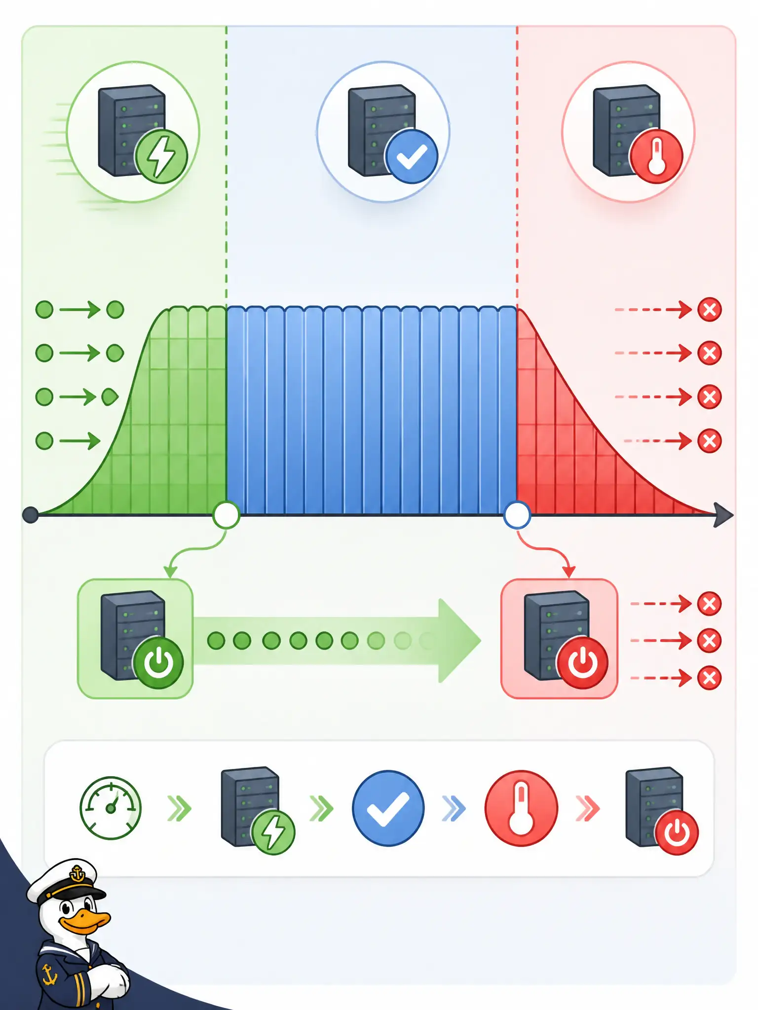To Create an exciting colorful infographic that explains the concepts in the question: Question: A court-scheduling service takes several minutes of JVM warm-up before accepting traffic and ignores termination signals, dropping in-flight bookings when instances are replaced. Which disposability improvement should the team prioritize? Correct Answer: Start fast enough to be useful in seconds and shut down gracefully so in-flight work finishes or new work is refused cleanly. Put EVERY visible label in double quotes. No people. No A/B/C/D letters. In one of the four corners put a little "Navy Duck".
