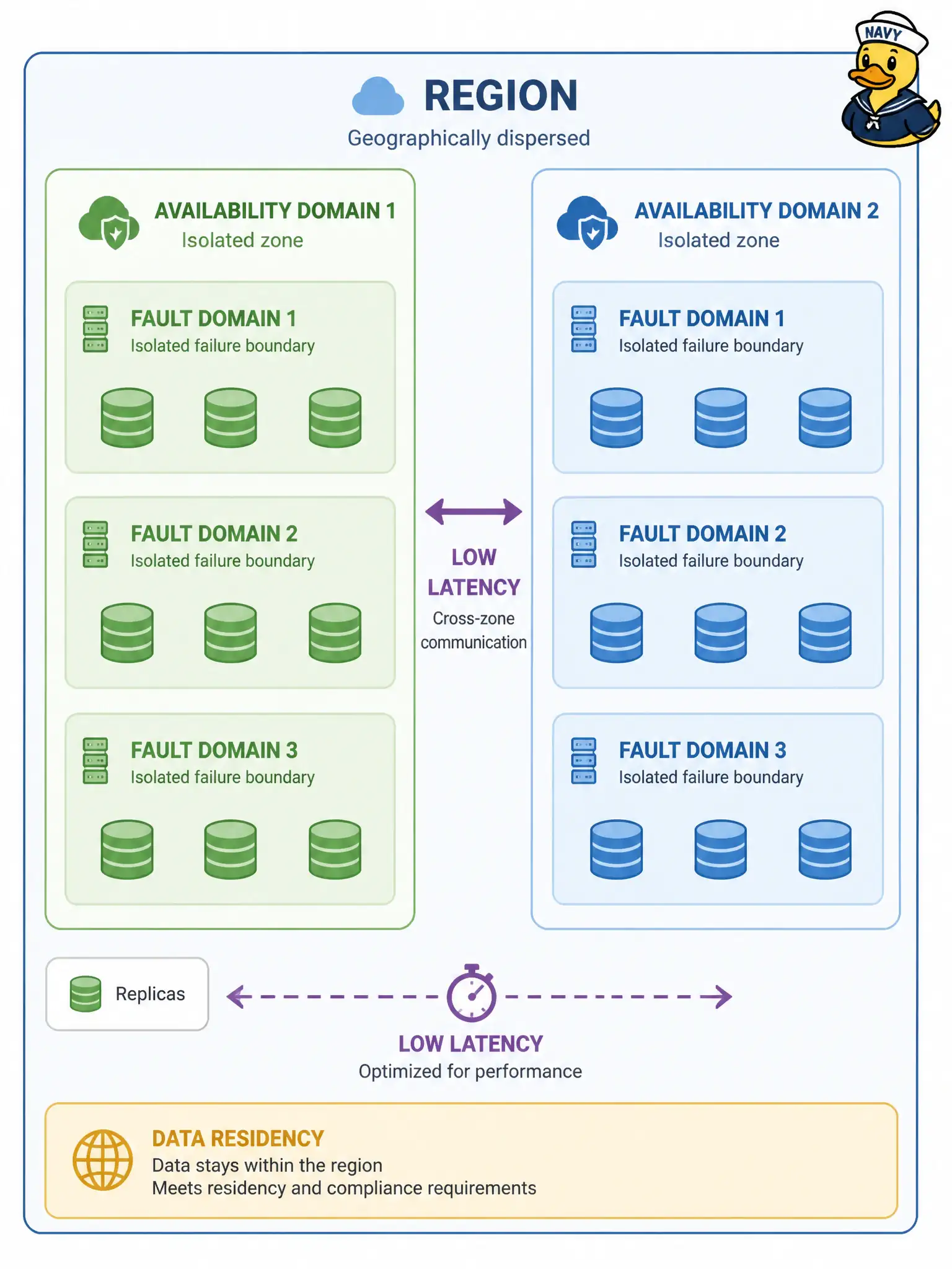 To Create an exciting colorful infographic that explains the concepts in the question: Question: A city emergency-alert API must stay available if a single data-center event occurs, while callers need low latency and data residency in one geography. Which application-level placement approach best fits that goal on OCI? Correct Answer: Spread stateless replicas across fault domains (and availability domains where the service topology allows), choosing a region for latency and residency while treating some resources as regional and others as AD-local. Put EVERY visible label in double quotes. No people. No A/B/C/D letters. In one of the four corners put a little "Navy Duck".