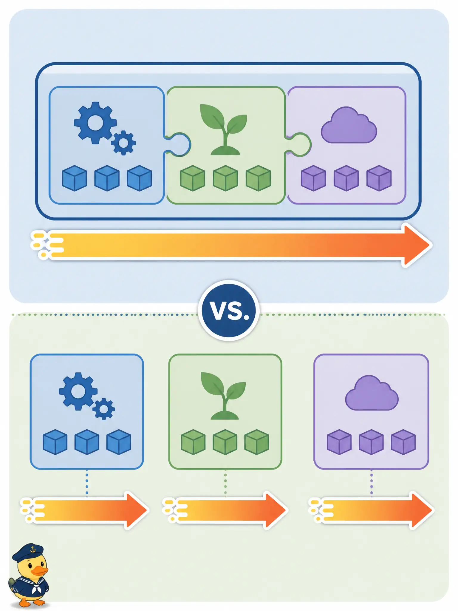 To Create an exciting colorful infographic that explains the concepts in the question: Question: A housing-authority team labels “intake,” “inspection,” and “payments” as microservices but packages them as libraries loaded into one OS process so they can share memory. What essential microservice property have they lost? Correct Answer: Independent deployability: each service as its own process and release train that can ship, scale, and fail apart. Put EVERY visible label in double quotes. No people. No A/B/C/D letters. In one of the four corners put a little "Navy Duck".