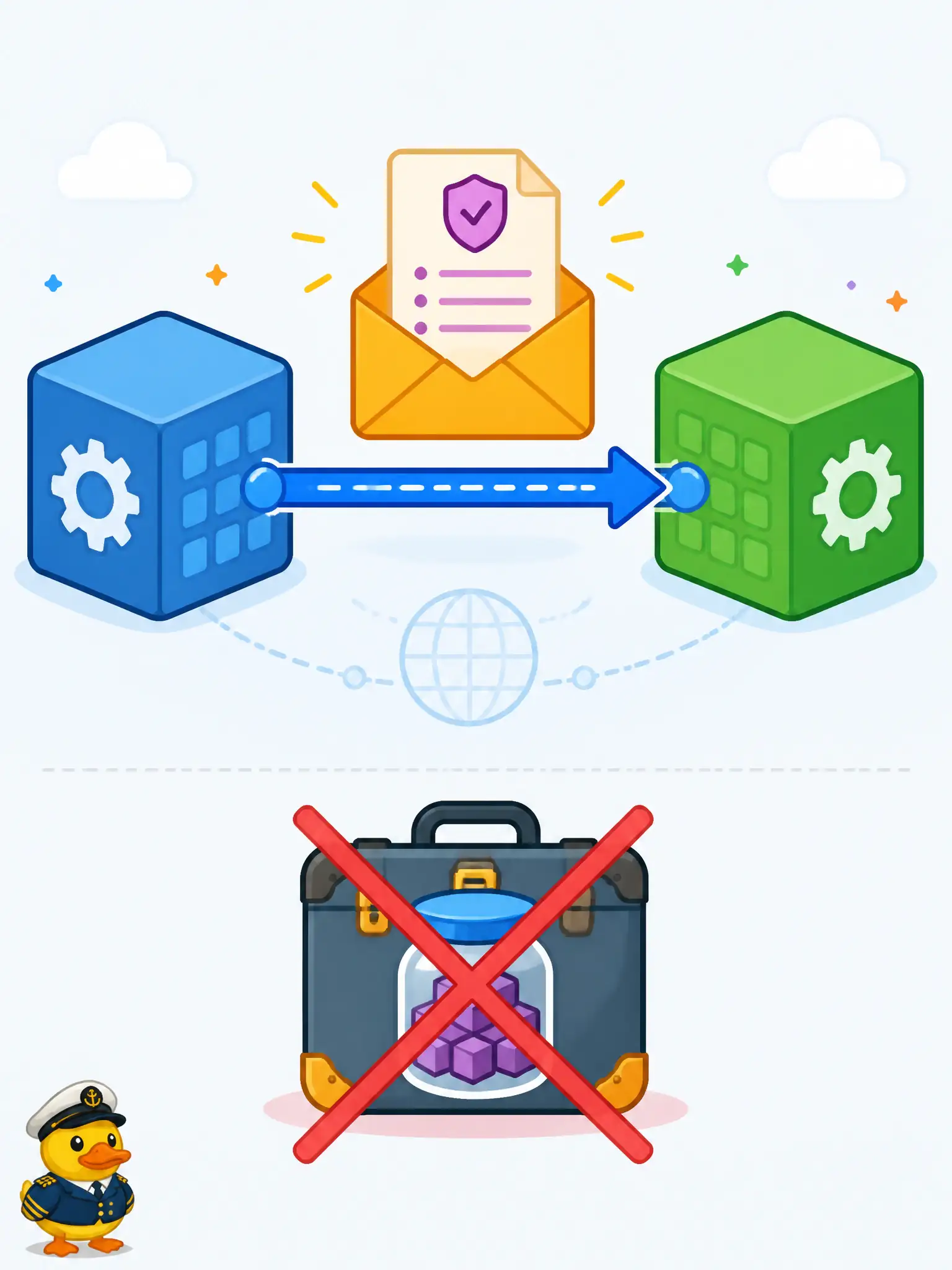 To Create an exciting colorful infographic that explains the concepts in the question: Question: After splitting permit-review and fee-calculation into separate processes, developers propose a shared internal JAR of domain types so each side can call the other like a local method. What integration approach should replace that hidden coupling? Correct Answer: Collaborate through explicit, versionable network contracts such as documented request/response or events, commonly over HTTP-style APIs. Put EVERY visible label in double quotes. No people. No A/B/C/D letters. In one of the four corners put a little "Navy Duck".