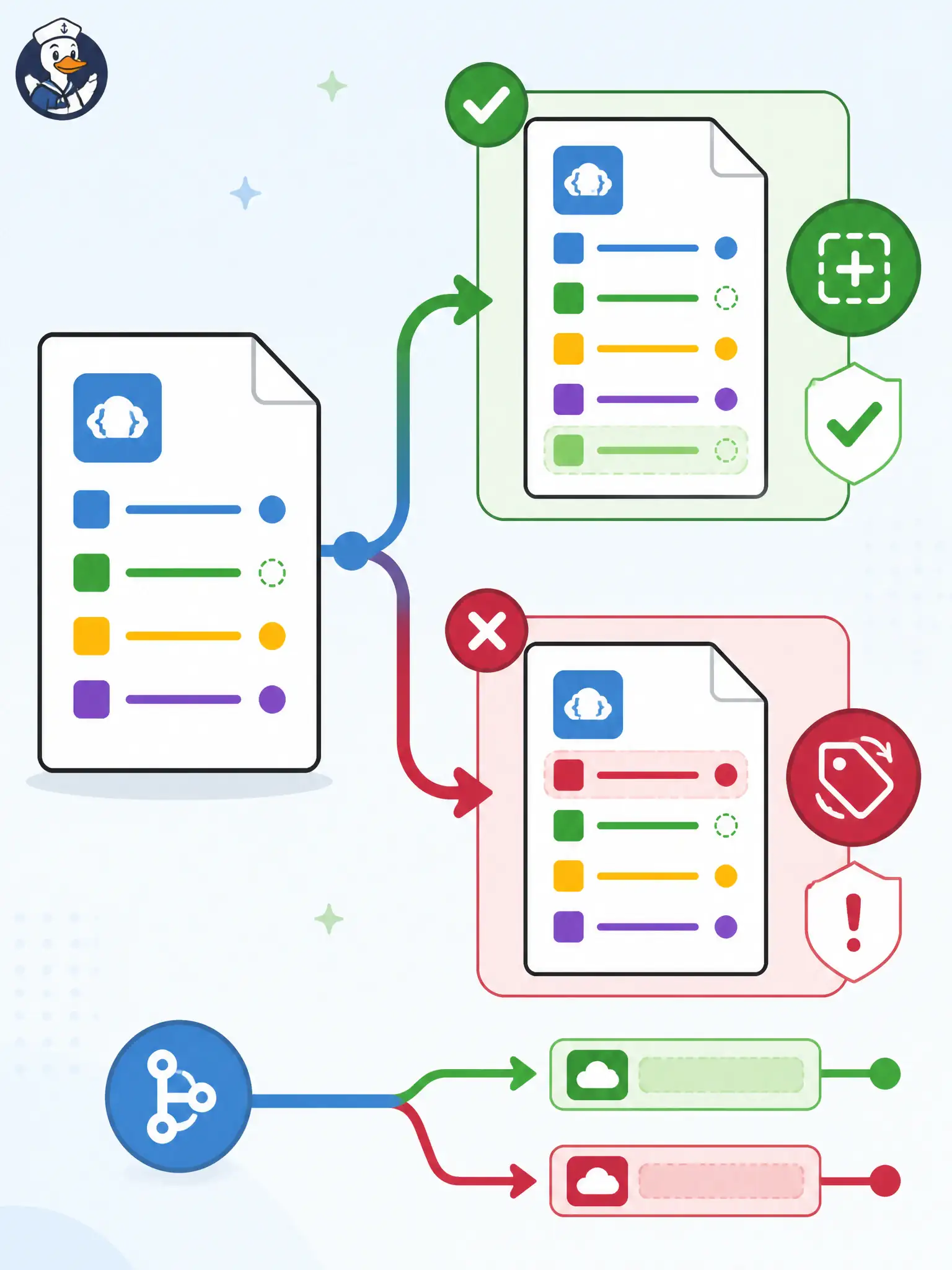 To Create an exciting colorful infographic that explains the concepts in the question: Question: A waste-collection routing API adds a new optional ETA field for newer mobile clients but also renames a required stop-id field that older kiosk clients still send. Which evolution practice keeps independent deployability real? Correct Answer: Evolve the published interface in a backward-compatible way—additive optional fields are usually safe; breaking renames strand older callers unless versioned carefully. Put EVERY visible label in double quotes. No people. No A/B/C/D letters. In one of the four corners put a little "Navy Duck".