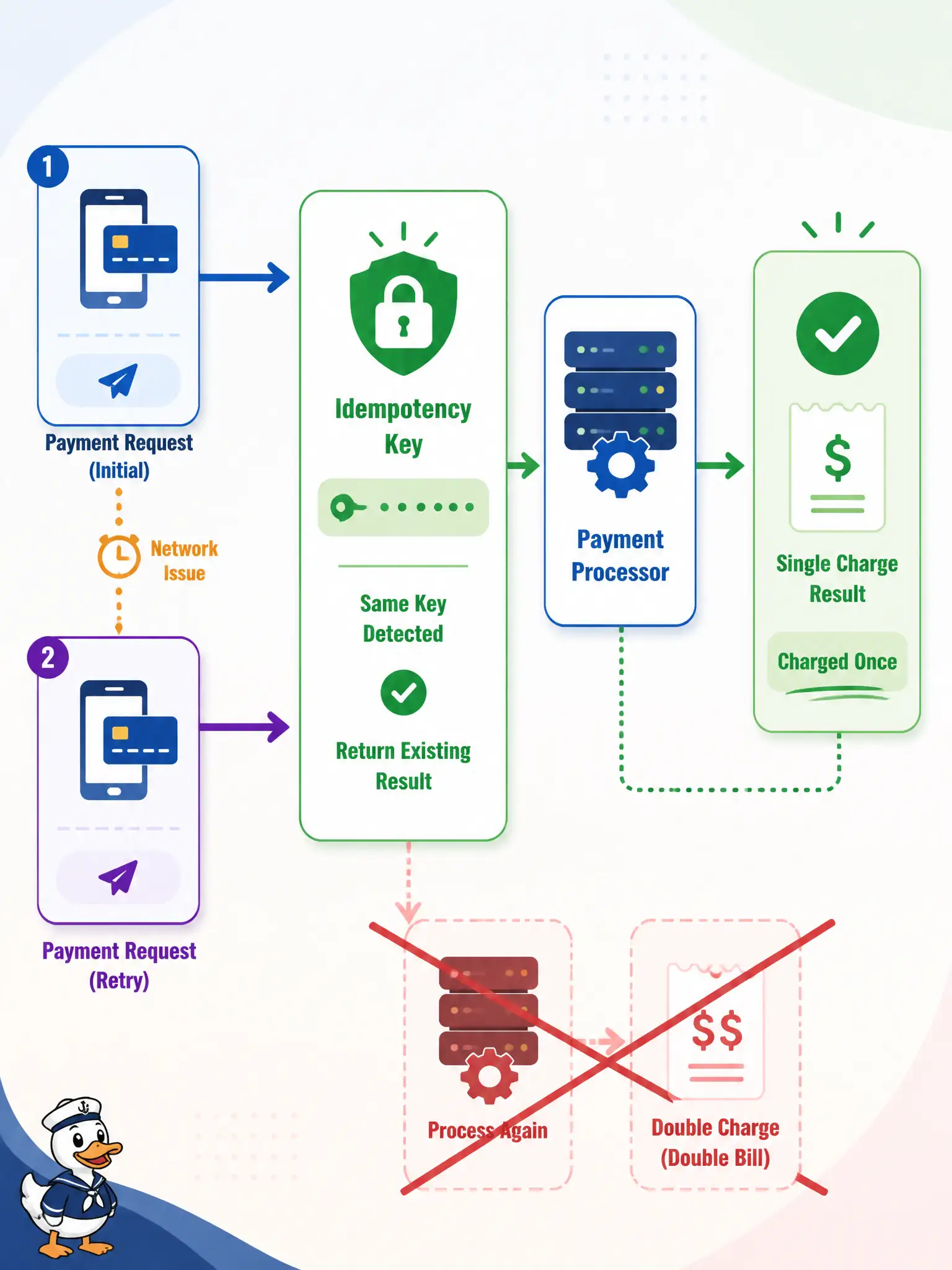 To Create an exciting colorful infographic that explains the concepts in the question: Question: A city parking-fine service accepts payment callbacks that platforms may retry when the first response is lost. The handler currently charges the card on every invocation. What design change prevents double billing under at-least-once delivery? Correct Answer: Make the charge path idempotent so a repeated request with the same key has the same outcome Put EVERY visible label in double quotes. No people. No A/B/C/D letters. In one of the four corners put a little "Navy Duck".