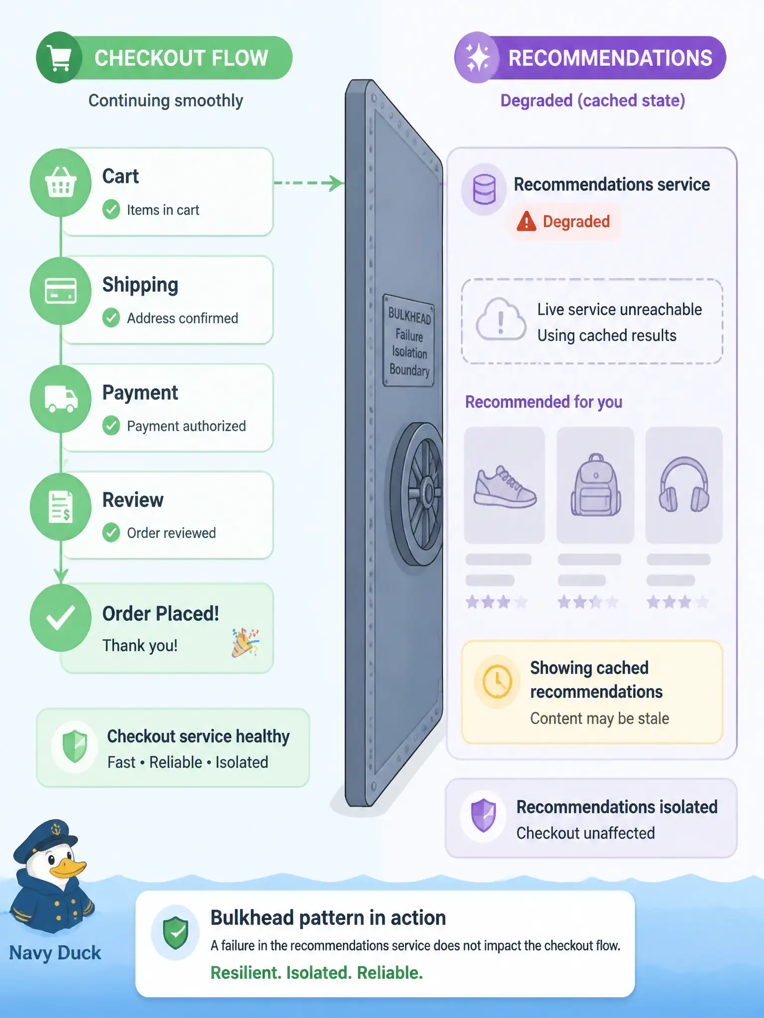 To Create an exciting colorful infographic that explains the concepts in the question: Question: A municipal permit portal’s checkout must still return a useful response when the optional recommendations service is down. Which design approach best isolates that failure? Correct Answer: Degrade or fail soft on recommendations while checkout continues with a cached or empty suggestion list Put EVERY visible label in double quotes. No people. No A/B/C/D letters. In one of the four corners put a little "Navy Duck".