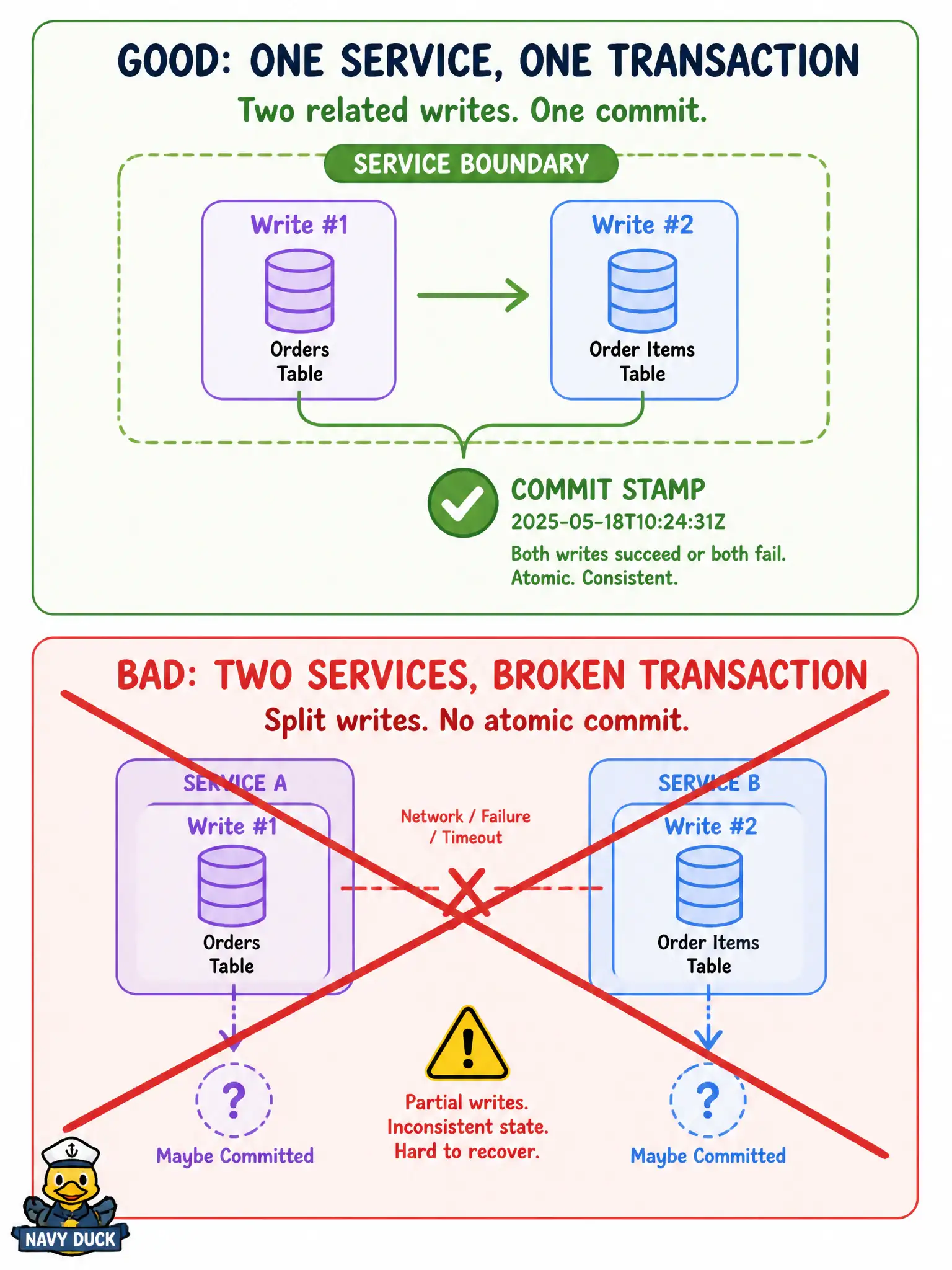 To Create an exciting colorful infographic that explains the concepts in the question: Question: A property-tax assessment update must write both the assessed value and the related lien flag in one commit, and both fields always change on the same release cadence. What should the team do about service boundaries? Correct Answer: Keep the tightly cohesive transactional core in one deployable until the boundary naturally loosens Put EVERY visible label in double quotes. No people. No A/B/C/D letters. In one of the four corners put a little "Navy Duck".