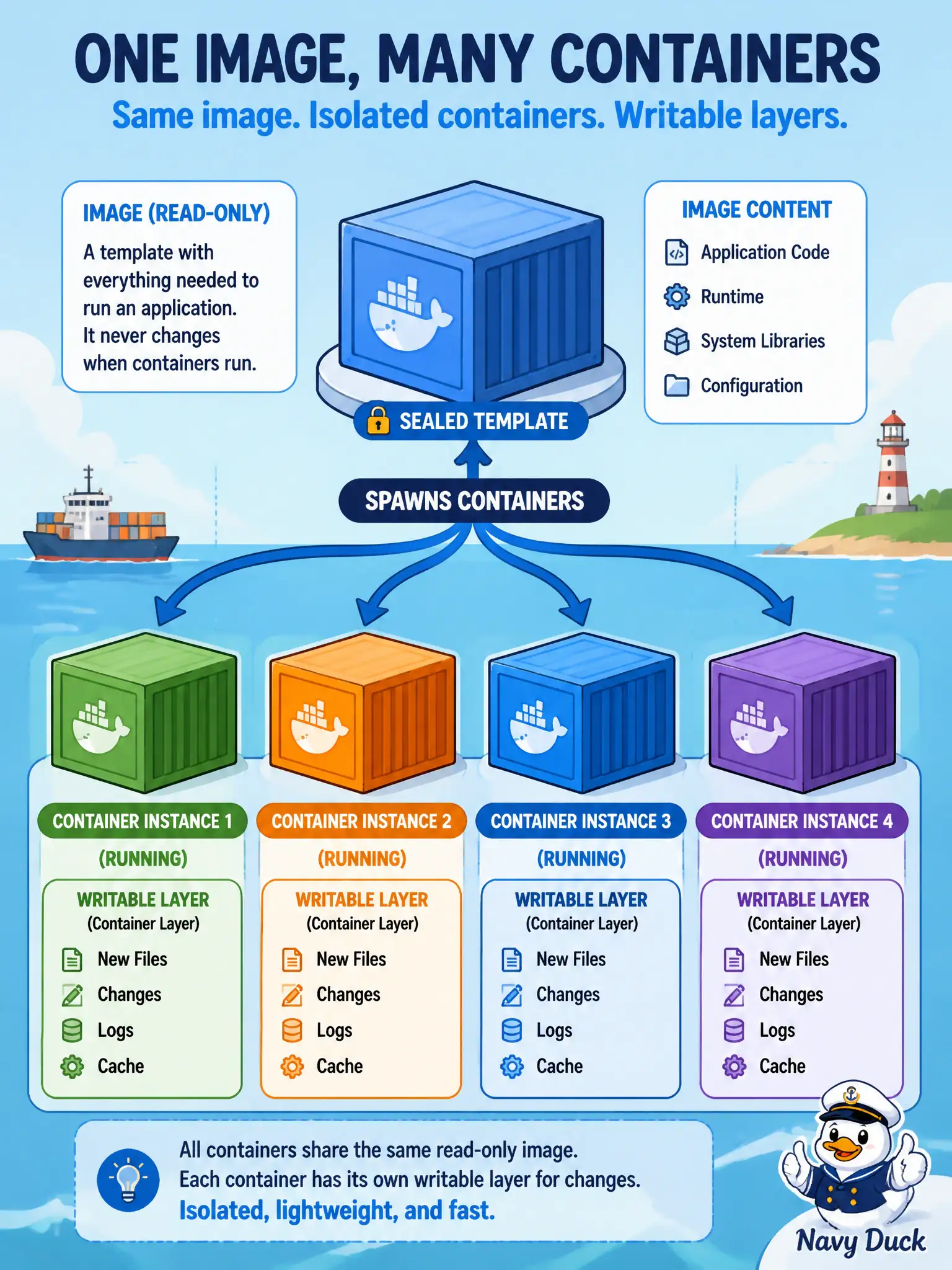 To Create an exciting colorful infographic that explains the concepts in the question: Question: A municipal developer packages the inspection API as a Docker artifact for later runs on laptops and in OCI. Which statement correctly distinguishes image from container? Correct Answer: An image is the read-only packaged filesystem and metadata; a container is a running instance of that image Put EVERY visible label in double quotes. No people. No A/B/C/D letters. In one of the four corners put a little "Navy Duck".
