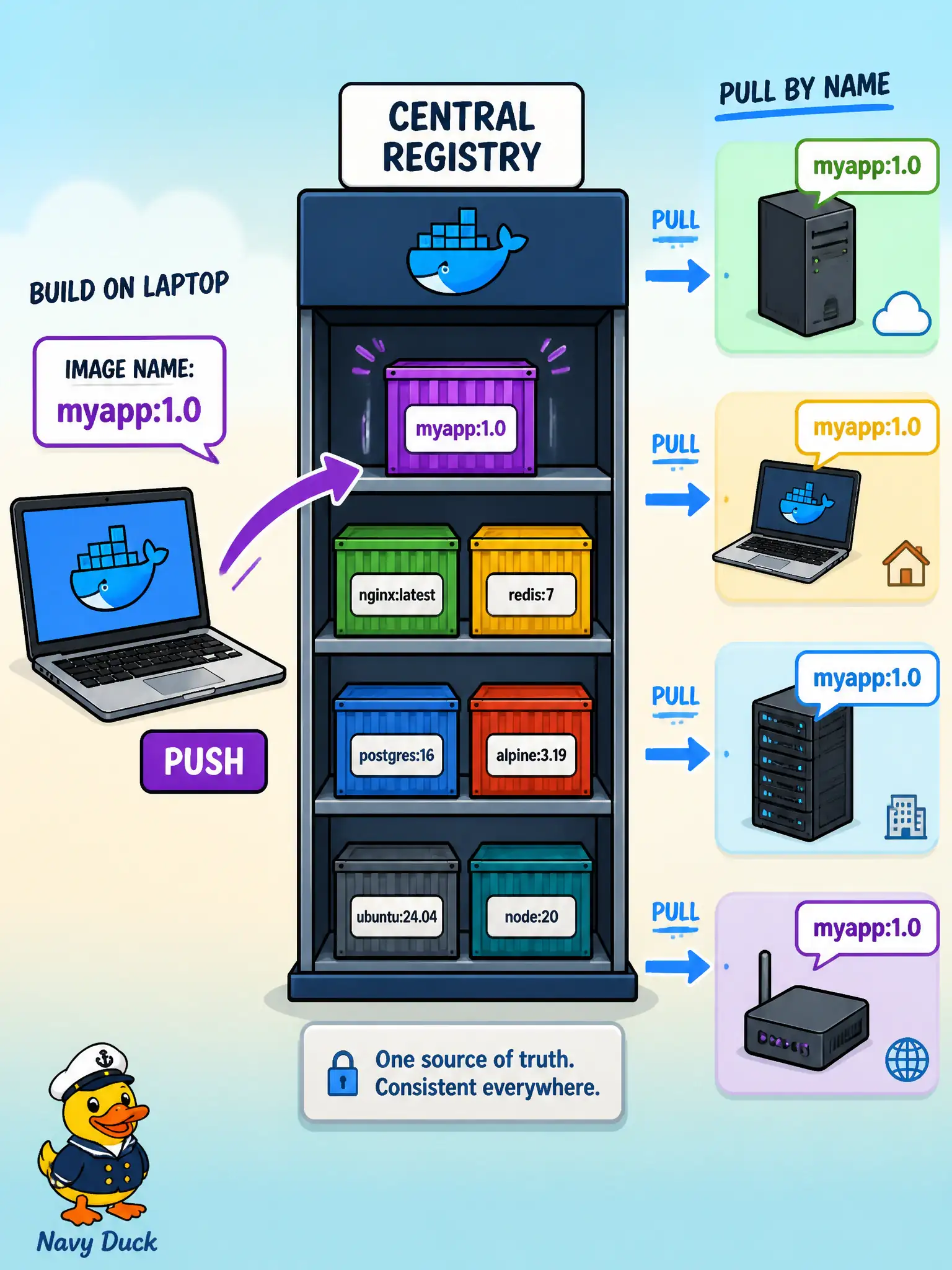 To Create an exciting colorful infographic that explains the concepts in the question: Question: After building a waste-collection scheduling image on a laptop, other hosts and the cluster must run the same artifact. What role does a container registry play? Correct Answer: It is the remote store where images are published so other machines can pull the same named artifact Put EVERY visible label in double quotes. No people. No A/B/C/D letters. In one of the four corners put a little "Navy Duck".