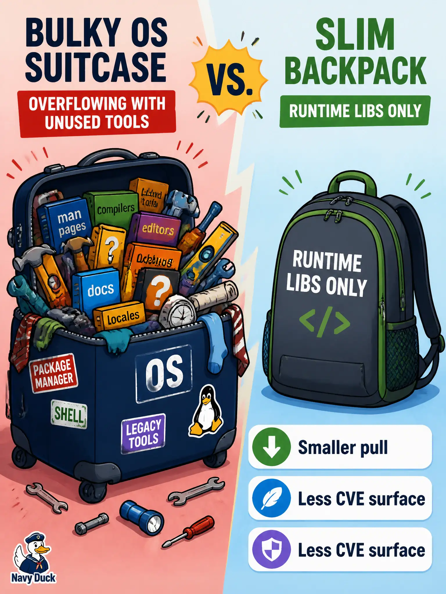 To Create an exciting colorful infographic that explains the concepts in the question: Question: A library catalog microservice currently ships on a full general-purpose OS base image with shells and package managers the runtime never uses. Why should the team switch to a slim or distroless runtime base? Correct Answer: To shrink what you ship: fewer unused tools and packages mean faster pulls and a smaller CVE attack surface. Put EVERY visible label in double quotes. No people. No A/B/C/D letters. In one of the four corners put a little "Navy Duck".