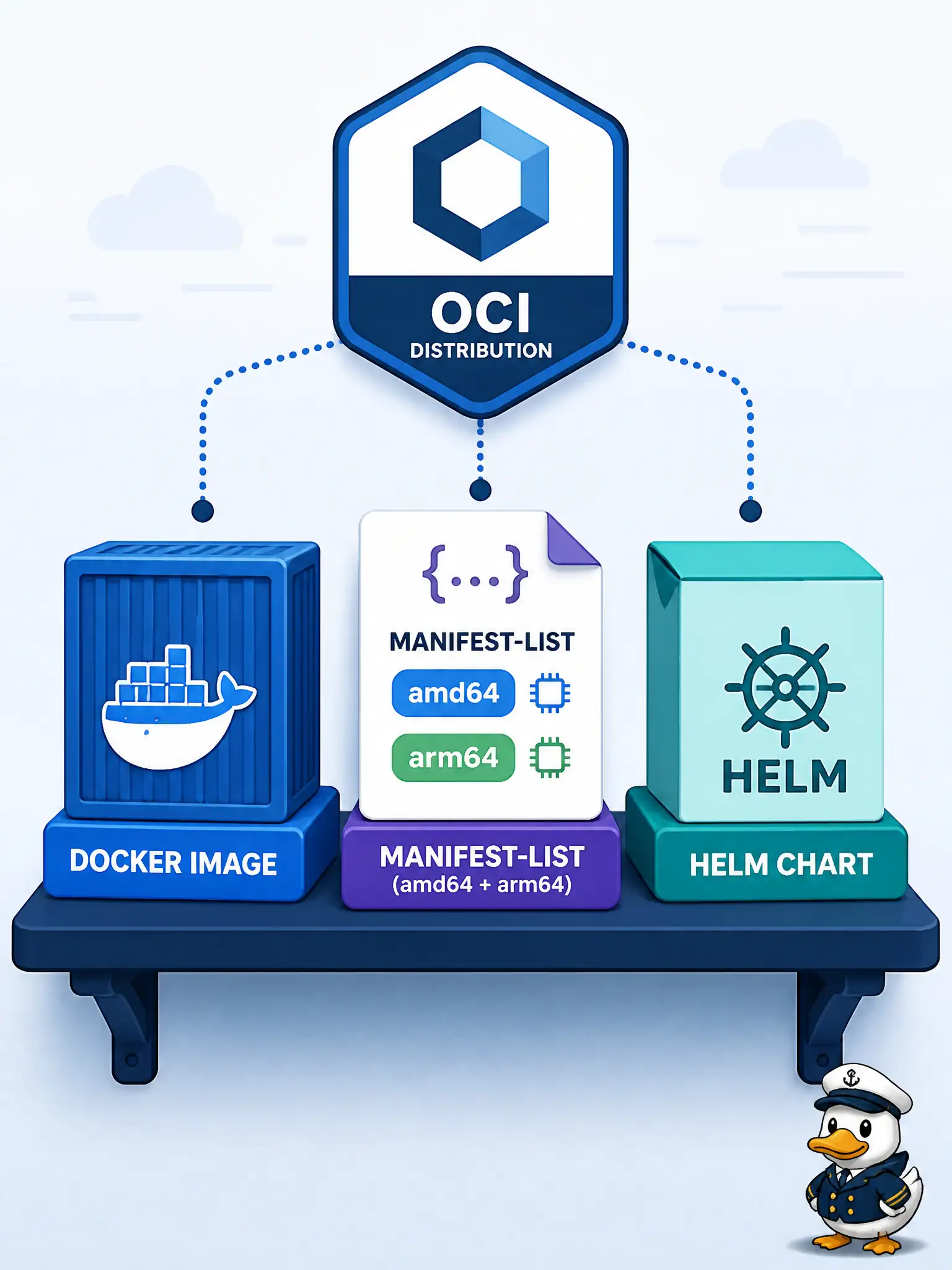 To Create an exciting colorful infographic that explains the concepts in the question: Question: A fleet team ships both linux/amd64 and linux/arm64 builds of a civic mobile-backend image and also stores Helm charts. Why can OCIR hold all of those artifacts? Correct Answer: OCIR is OCI-distribution compliant, so it can store Docker images, multi-architecture manifest lists, and Helm charts. Put EVERY visible label in double quotes. No people. No A/B/C/D letters. In one of the four corners put a little "Navy Duck".
