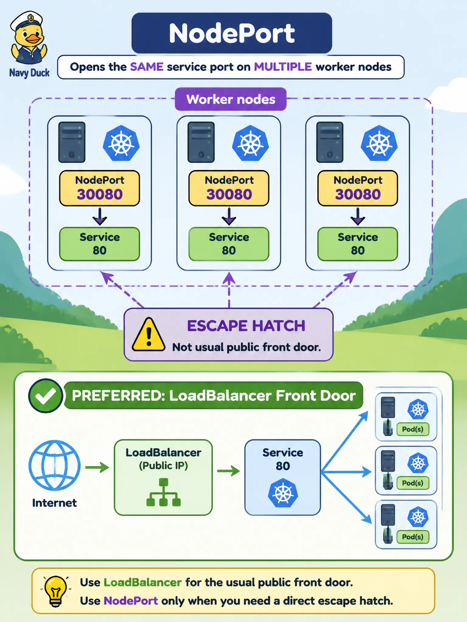 To Create an exciting colorful infographic that explains the concepts in the question: Question: A partner system outside the OKE cluster must reach a Service via a port on worker nodes. Which Service type publishes that node port, and how should teams treat it as a public front door on OKE? Correct Answer: NodePort publishes the Service on a port on each worker; it is an escape hatch or flannel/ingress helper path, not the usual preferred public front door on OKE. Put EVERY visible label in double quotes. No people. No A/B/C/D letters. In one of the four corners put a little "Navy Duck".