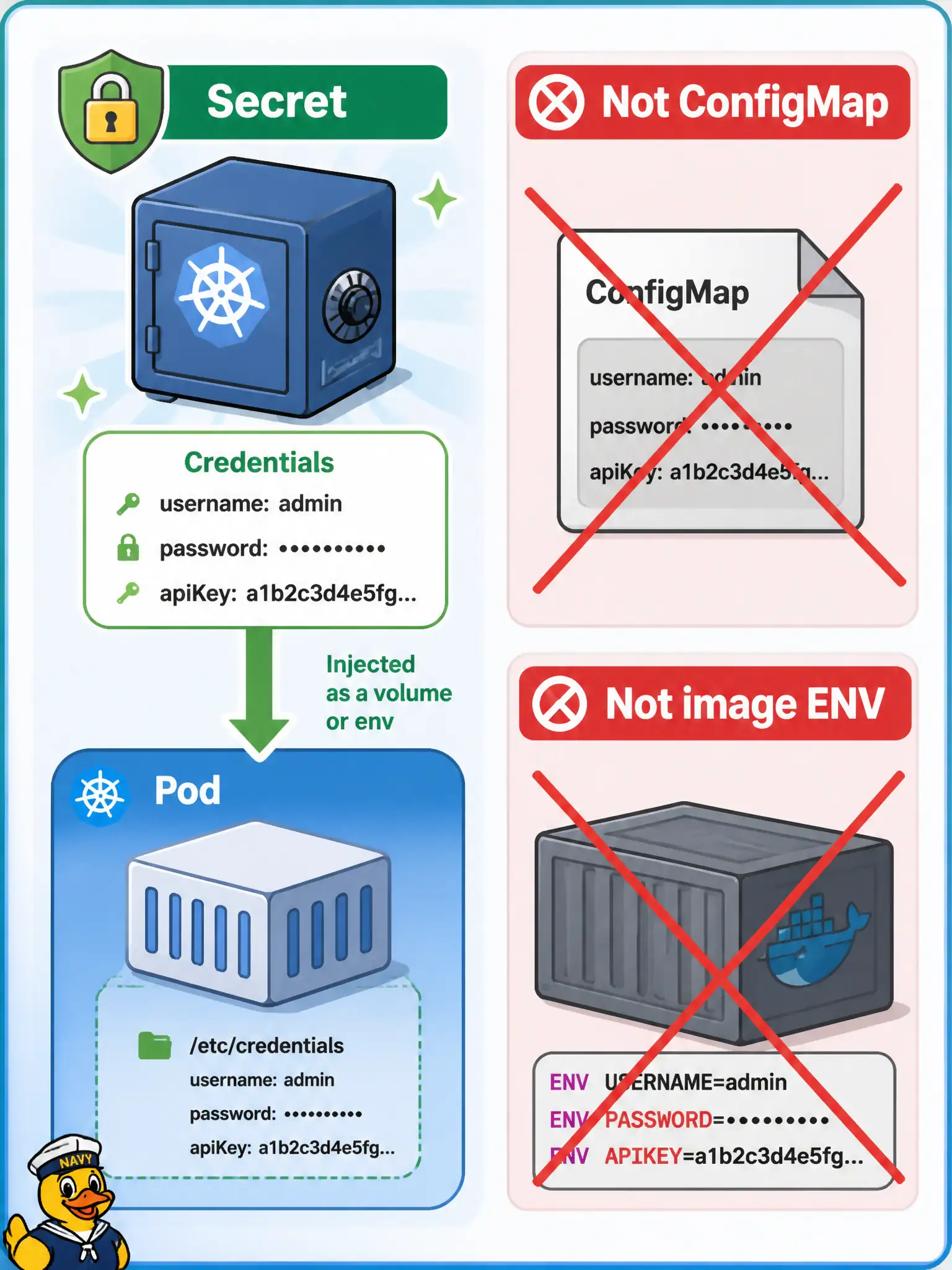 To Create an exciting colorful infographic that explains the concepts in the question: Question: The utility billing API on OKE needs a database password and an OCIR pull credential at runtime. Where should those credentials live relative to ConfigMaps and the container image? Correct Answer: In a Kubernetes Secret (or later Vault-backed injection), not in a ConfigMap and not baked into the image. Put EVERY visible label in double quotes. No people. No A/B/C/D letters. In one of the four corners put a little "Navy Duck".