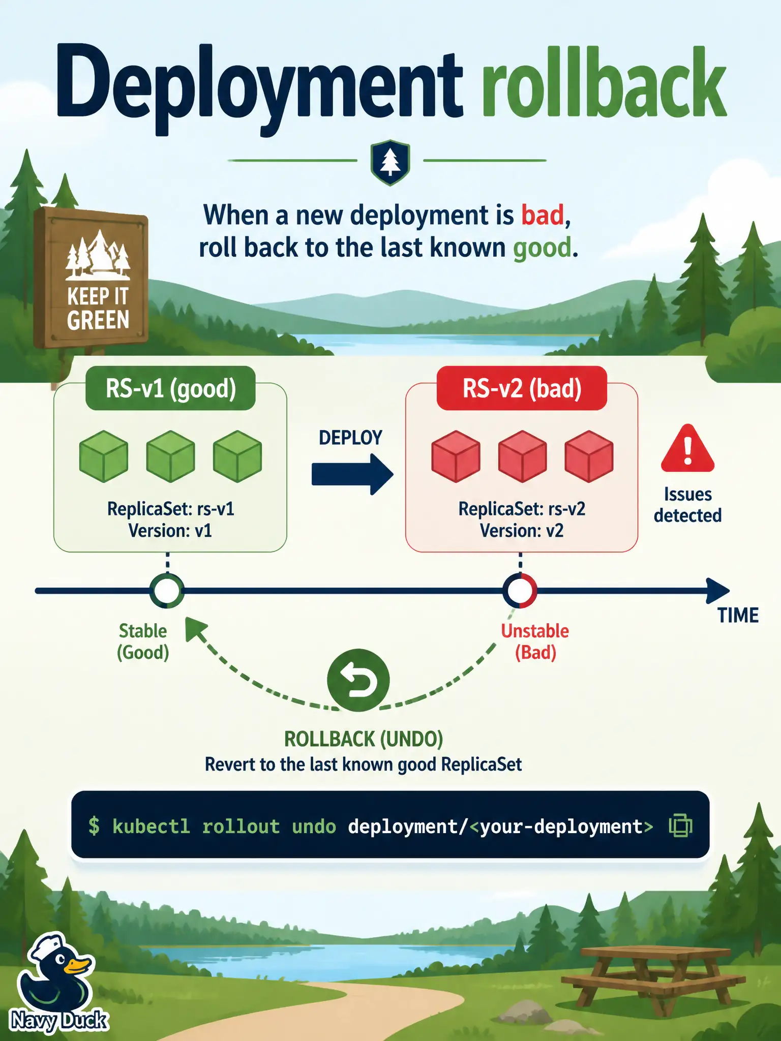 To Create an exciting colorful infographic that explains the concepts in the question: Question: After a bad OCIR tag hit the parks reservation Deployment, operators need the previous working Pods back quickly. Why does kubectl rollout undo succeed here? Correct Answer: Because the Deployment retained the previous ReplicaSet, so undo can roll back to that revision Put EVERY visible label in double quotes. No people. No A/B/C/D letters. In one of the four corners put a little "Navy Duck".
