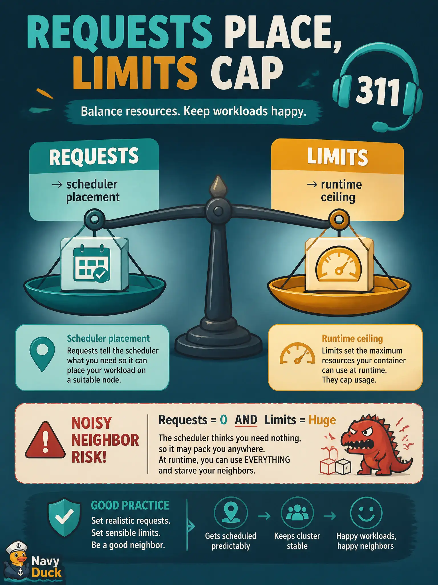 To Create an exciting colorful infographic that explains the concepts in the question: Question: 311 ticket workers on OKE must land on nodes with enough free capacity, yet noisy neighbors must not consume unbounded CPU. How should the Pod spec express that? Correct Answer: Set CPU and memory requests for scheduling placement and limits to cap what each container may consume Put EVERY visible label in double quotes. No people. No A/B/C/D letters. In one of the four corners put a little "Navy Duck".