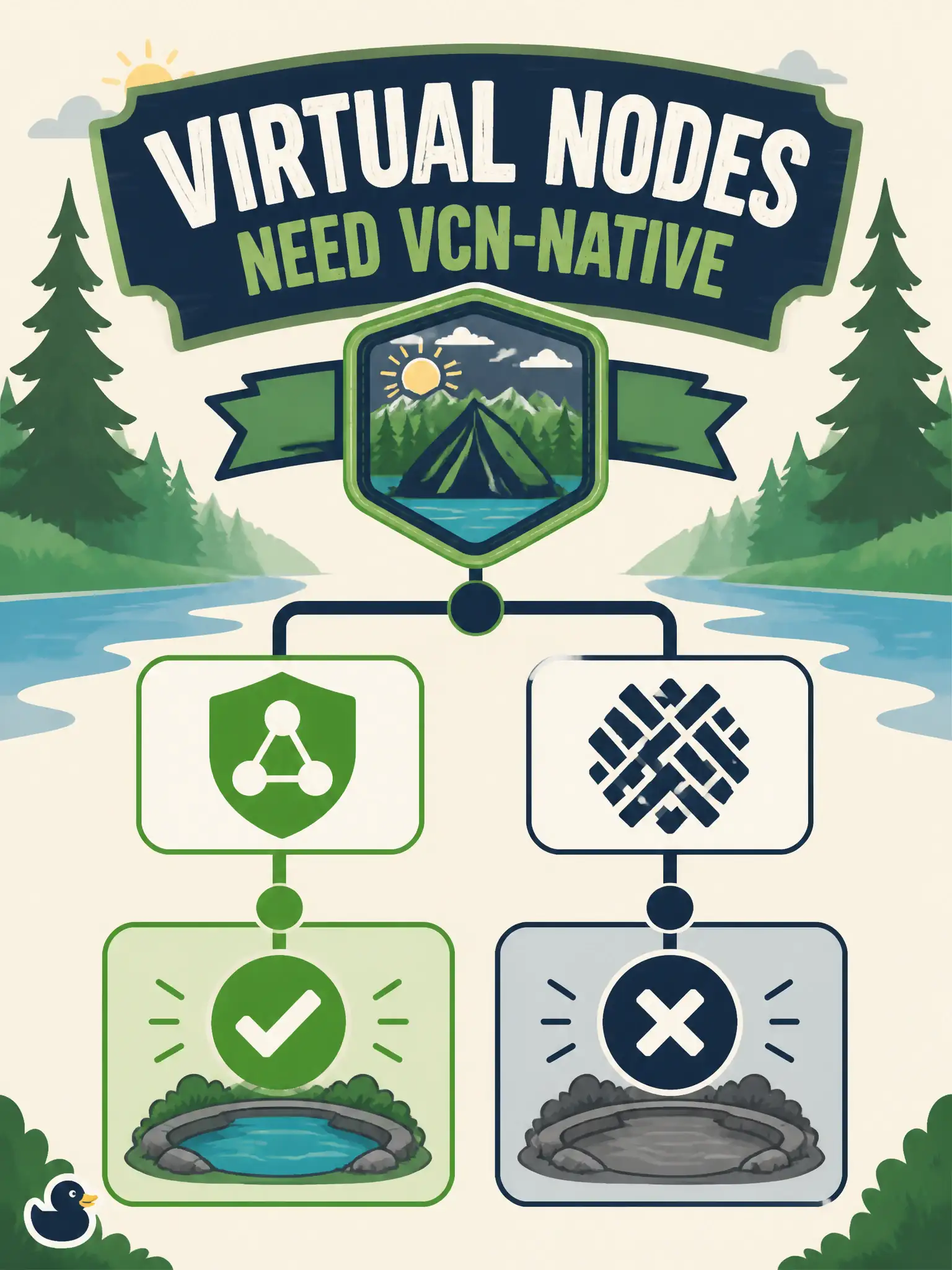 To Create an exciting colorful infographic that explains the concepts in the question: Question: Operators want serverless virtual node pools for a summer camp registration API and also selected flannel as the cluster network type. What does official OKE behavior imply? Correct Answer: Virtual node pools are offered only when the cluster network type is VCN-native, so flannel removes that option Put EVERY visible label in double quotes. No people. No A/B/C/D letters. In one of the four corners put a little "Navy Duck".