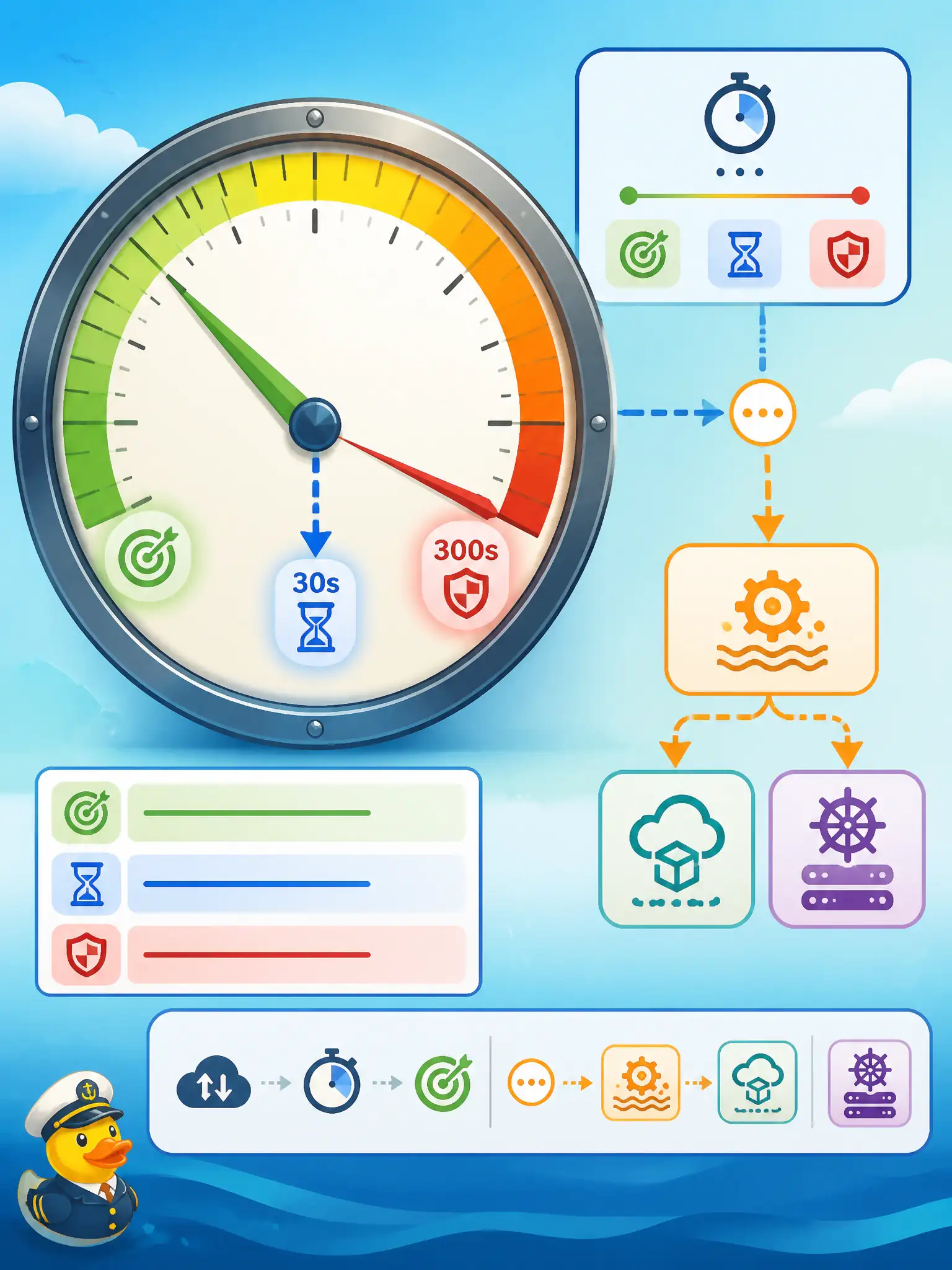 To Create an exciting colorful infographic that explains the concepts in the question: Question: What are the documented default and maximum durations for a synchronous OCI Functions invocation? Correct Answer: Default 30 seconds and maximum 300 seconds Put EVERY visible label in double quotes. No people. No A/B/C/D letters. In one of the four corners put a little "Navy Duck".