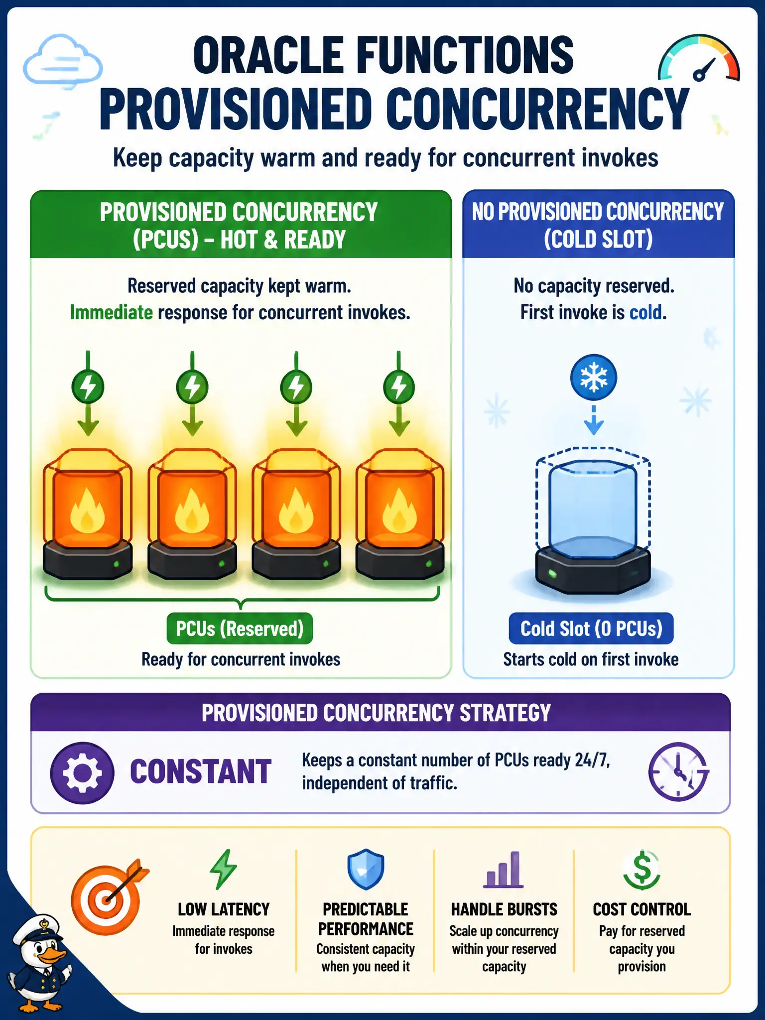To Create an exciting colorful infographic that explains the concepts in the question: Question: A 311-call triage function must keep sub-second starts during morning peaks; cold starts are unacceptable. Which Oracle Functions capability should the team configure? Correct Answer: Provisioned concurrency (PCUs with a CONSTANT strategy) to keep hot execution capacity ready for a minimum number of concurrent invokes Put EVERY visible label in double quotes. No people. No A/B/C/D letters. In one of the four corners put a little "Navy Duck".