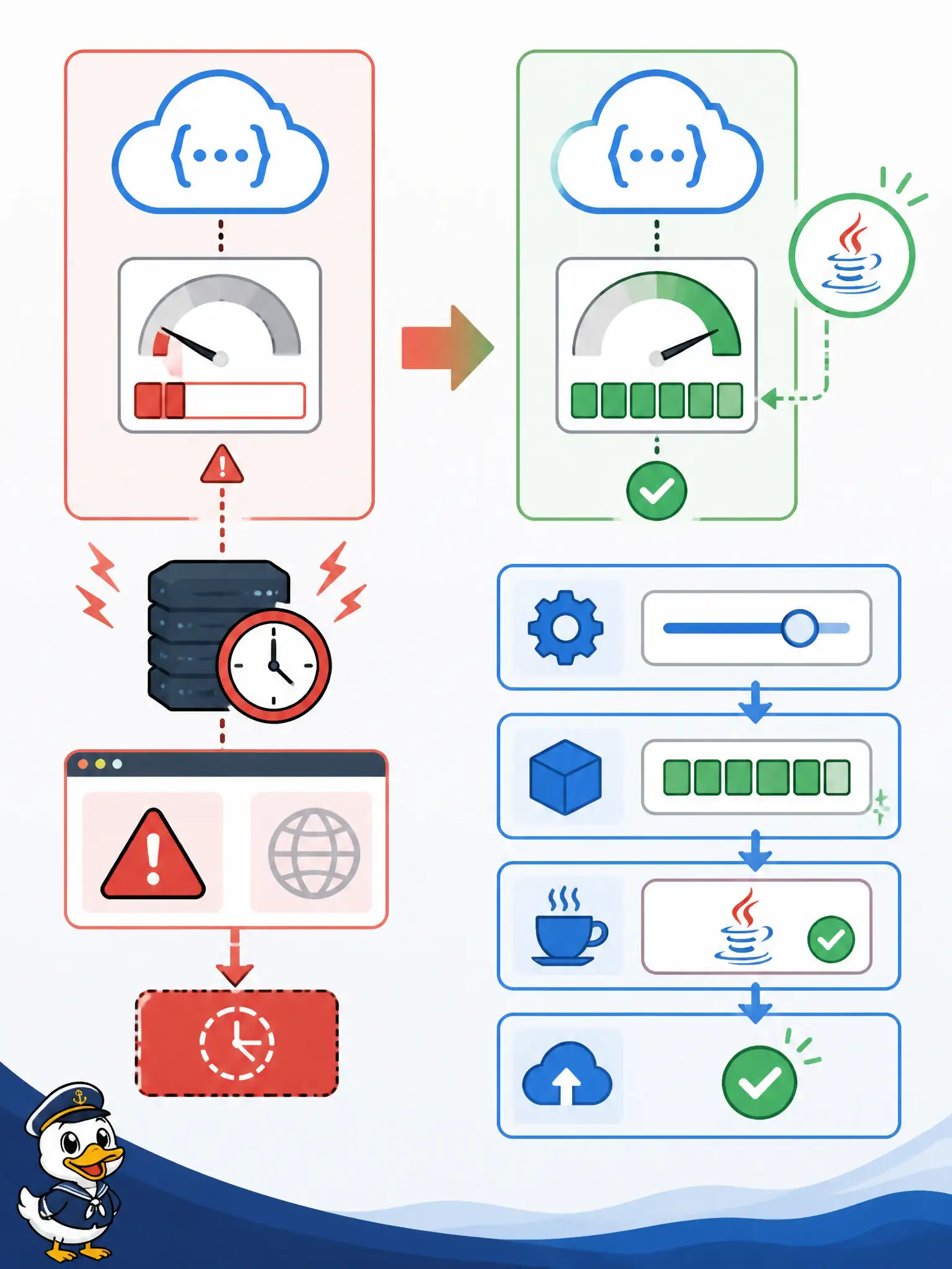 To Create an exciting colorful infographic that explains the concepts in the question: Question: After adding a heavier library, a Java Oracle Function for tax-roll transforms begins returning FunctionInvokeTimeout / 504 even though wall-clock work used to finish. What should the team check first among Functions settings? Correct Answer: Raise function memory along the official steps—memory pressure can surface as invoke timeout, especially for Java Put EVERY visible label in double quotes. No people. No A/B/C/D letters. In one of the four corners put a little "Navy Duck".
