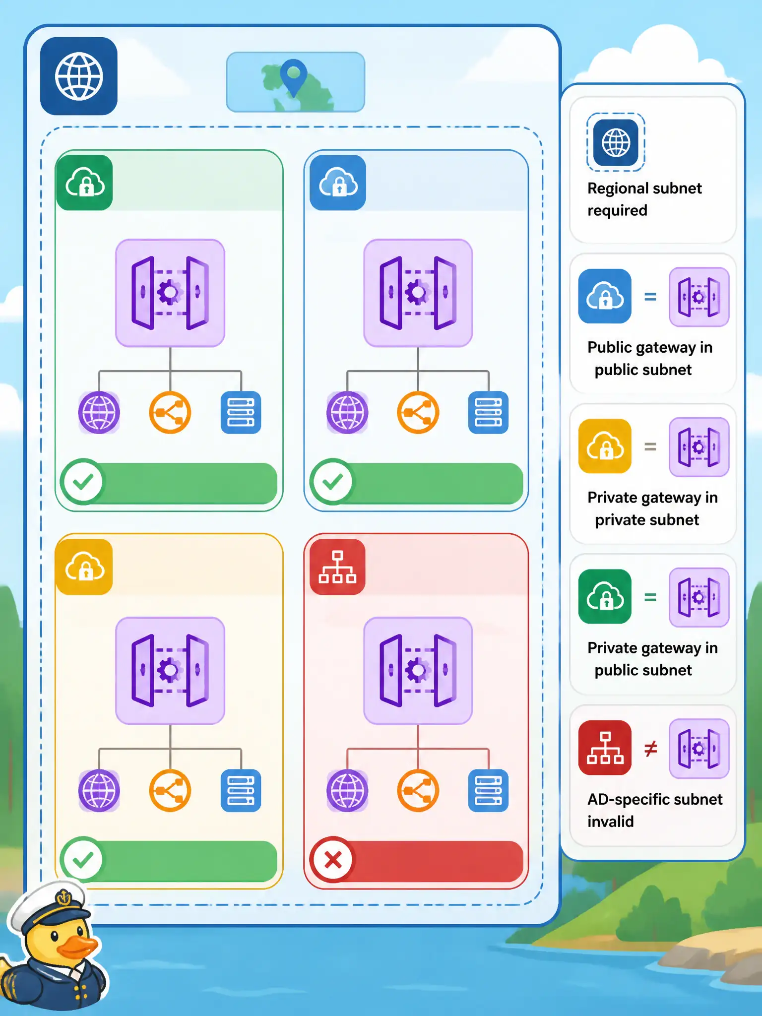 To Create an exciting colorful infographic that explains the concepts in the question: Question: A network-aware developer is placing an API Gateway for a permits API. Which placement rule is correct? Correct Answer: Gateways are created only in regional subnets; a public gateway must sit in a public subnet, while a private gateway may use a private or public subnet Put EVERY visible label in double quotes. No people. No A/B/C/D letters. In one of the four corners put a little "Navy Duck".