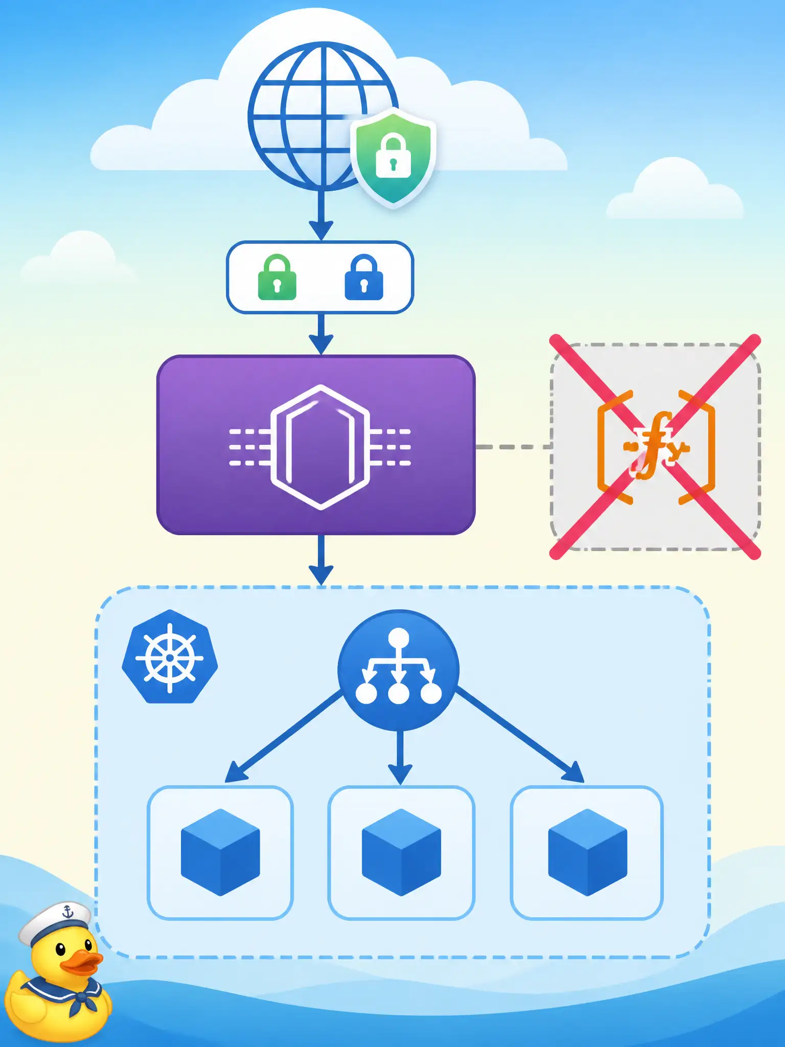 To Create an exciting colorful infographic that explains the concepts in the question: Question: A long-running permitting microservice already listens behind a load balancer on OKE. The team wants API Gateway to forward /v1/applications there. Which back-end choice is appropriate? Correct Answer: HTTP or HTTPS URL back end pointing at the existing service, with timeout and SSL verification options as configured Put EVERY visible label in double quotes. No people. No A/B/C/D letters. In one of the four corners put a little "Navy Duck".