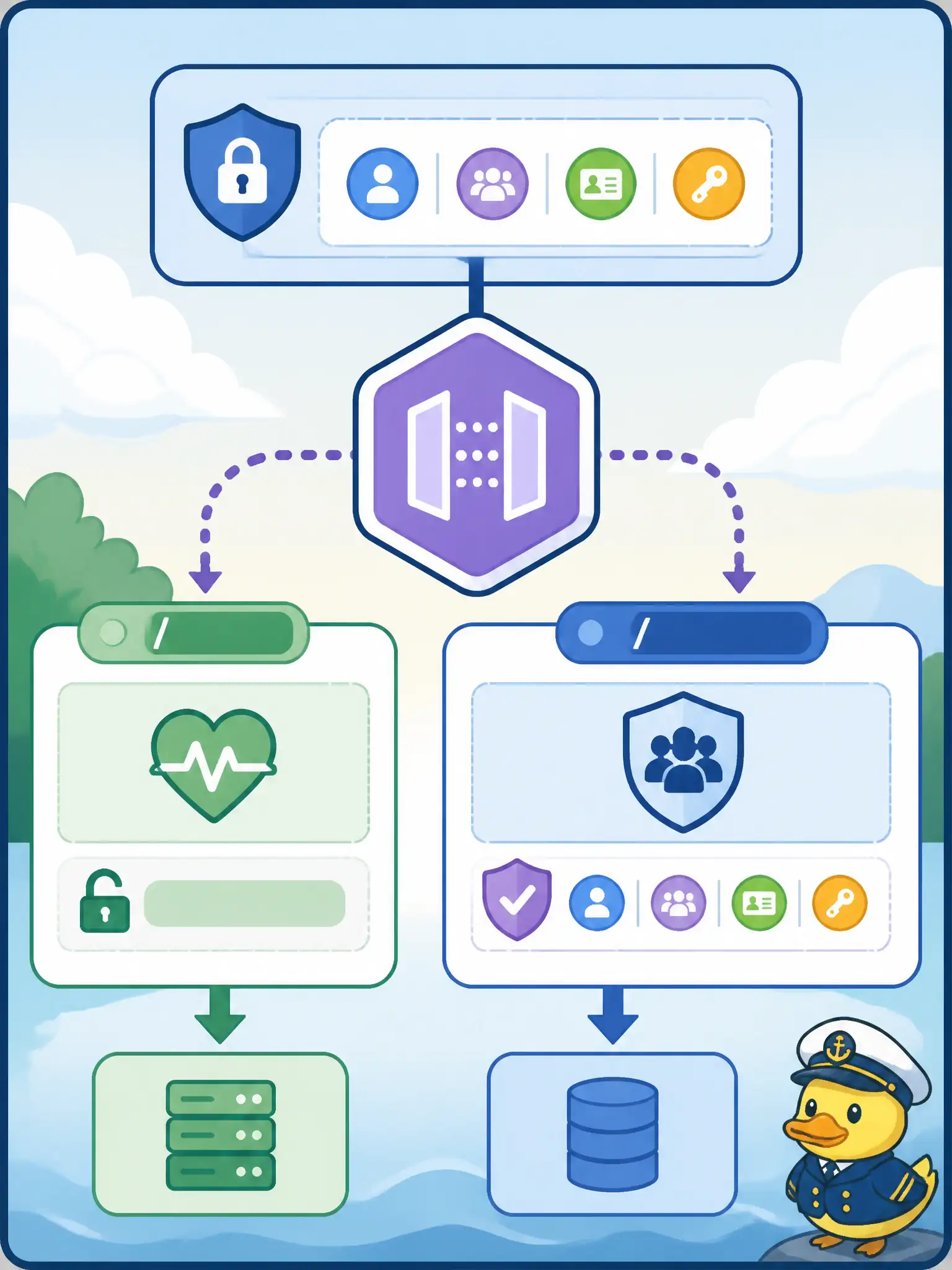 To Create an exciting colorful infographic that explains the concepts in the question: Question: On the same API deployment, /health should allow anonymous clients while /admin must require a specific access scope after authentication. How is that modeled? Correct Answer: Use per-route authorization (AUTHENTICATIONONLY, ANYOF scopes, or ANONYMOUS) after deployment-level authentication Put EVERY visible label in double quotes. No people. No A/B/C/D letters. In one of the four corners put a little "Navy Duck".