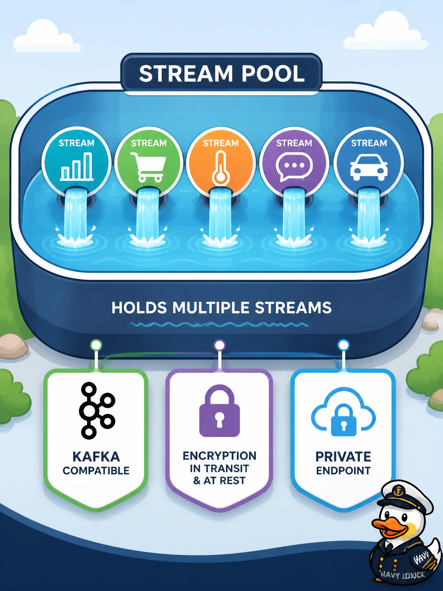To Create an exciting colorful infographic that explains the concepts in the question: Question: A metro government wants several related OCI Streaming streams—permits, inspections, and payments—to share Kafka compatibility settings, encryption, and an optional private endpoint. Which construct owns those shared settings? Correct Answer: A stream pool that groups streams and owns shared Kafka, encryption, and private-endpoint settings. Put EVERY visible label in double quotes. No people. No A/B/C/D letters. In one of the four corners put a little "Navy Duck".