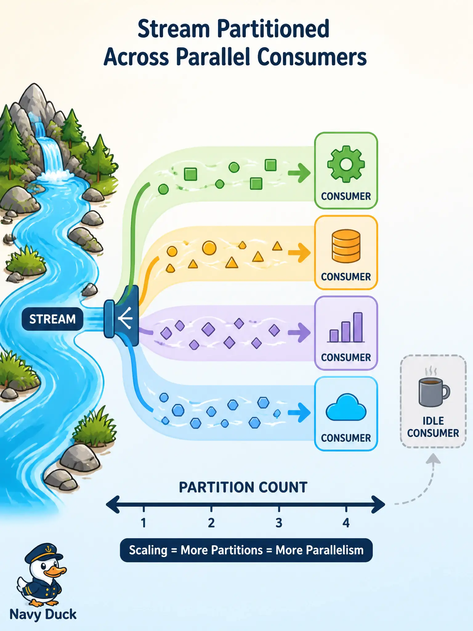 To Create an exciting colorful infographic that explains the concepts in the question: Question: A 911 computer-aided dispatch feed on OCI Streaming must let several consumers process messages in parallel. What is the unit that determines that parallelism? Correct Answer: The stream’s partition count; throughput and consumer-group fan-out scale with partitions, and extra consumers beyond that count stay idle. Put EVERY visible label in double quotes. No people. No A/B/C/D letters. In one of the four corners put a little "Navy Duck".