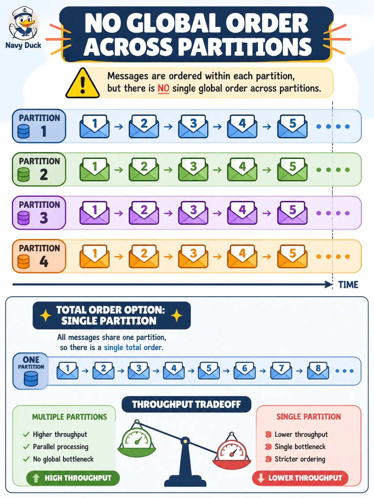 To Create an exciting colorful infographic that explains the concepts in the question: Question: A parking-enforcement feed uses multiple OCI Streaming partitions for throughput. Stakeholders ask whether the entire stream preserves a single global order of every citation. What is the correct order guarantee? Correct Answer: Order is guaranteed per partition in produce order; there is no global order across partitions. Put EVERY visible label in double quotes. No people. No A/B/C/D letters. In one of the four corners put a little "Navy Duck".