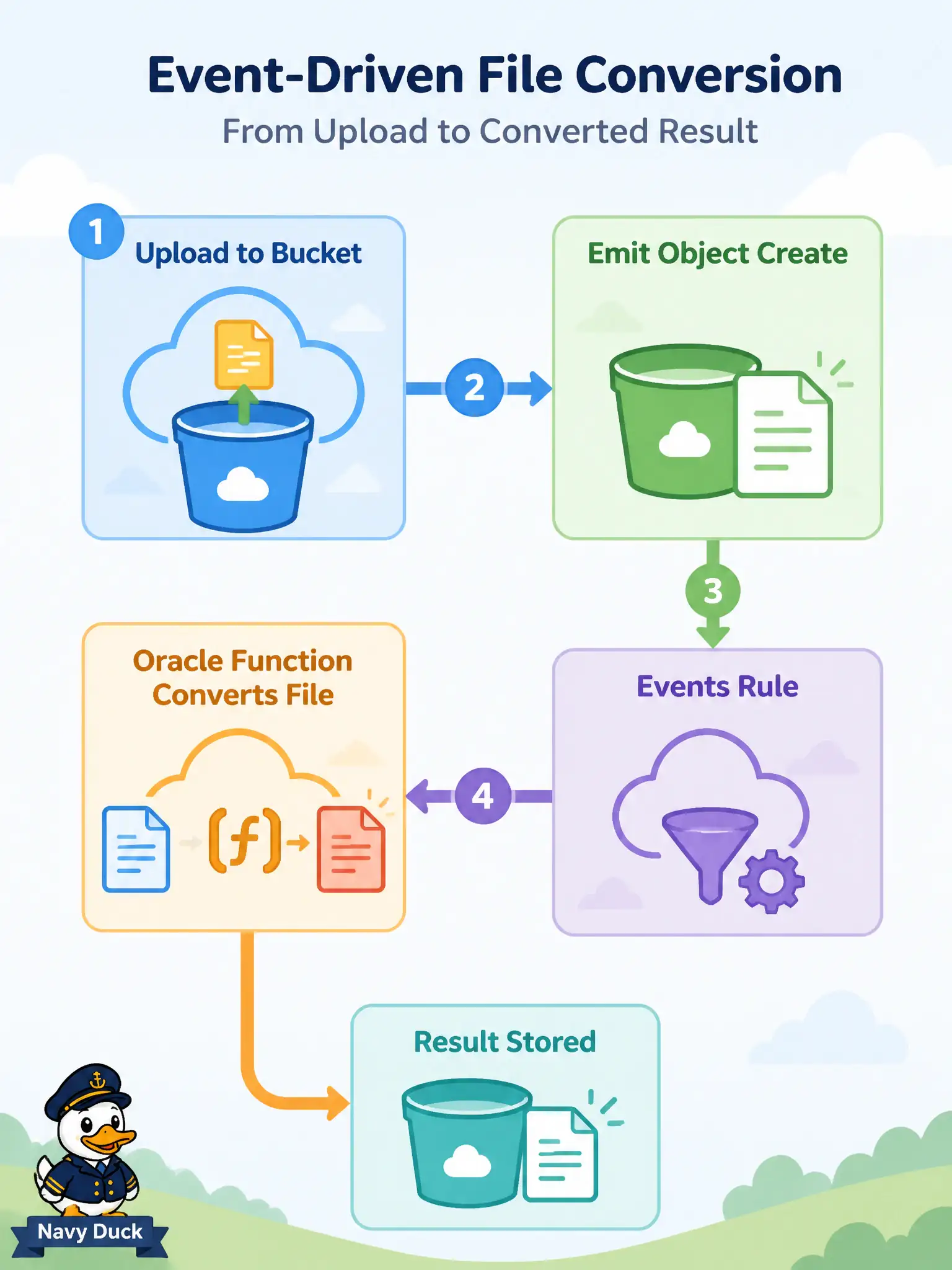To Create an exciting colorful infographic that explains the concepts in the question: Question: A building-permits office wants each new scan that lands in a bucket to be converted by serverless code. Which Events pattern implements that event-driven conversion? Correct Answer: Enable object events on the bucket, rule-filter create-object (and the bucket via attributes), and set the action to a Function that reads the object. Put EVERY visible label in double quotes. No people. No A/B/C/D letters. In one of the four corners put a little "Navy Duck".