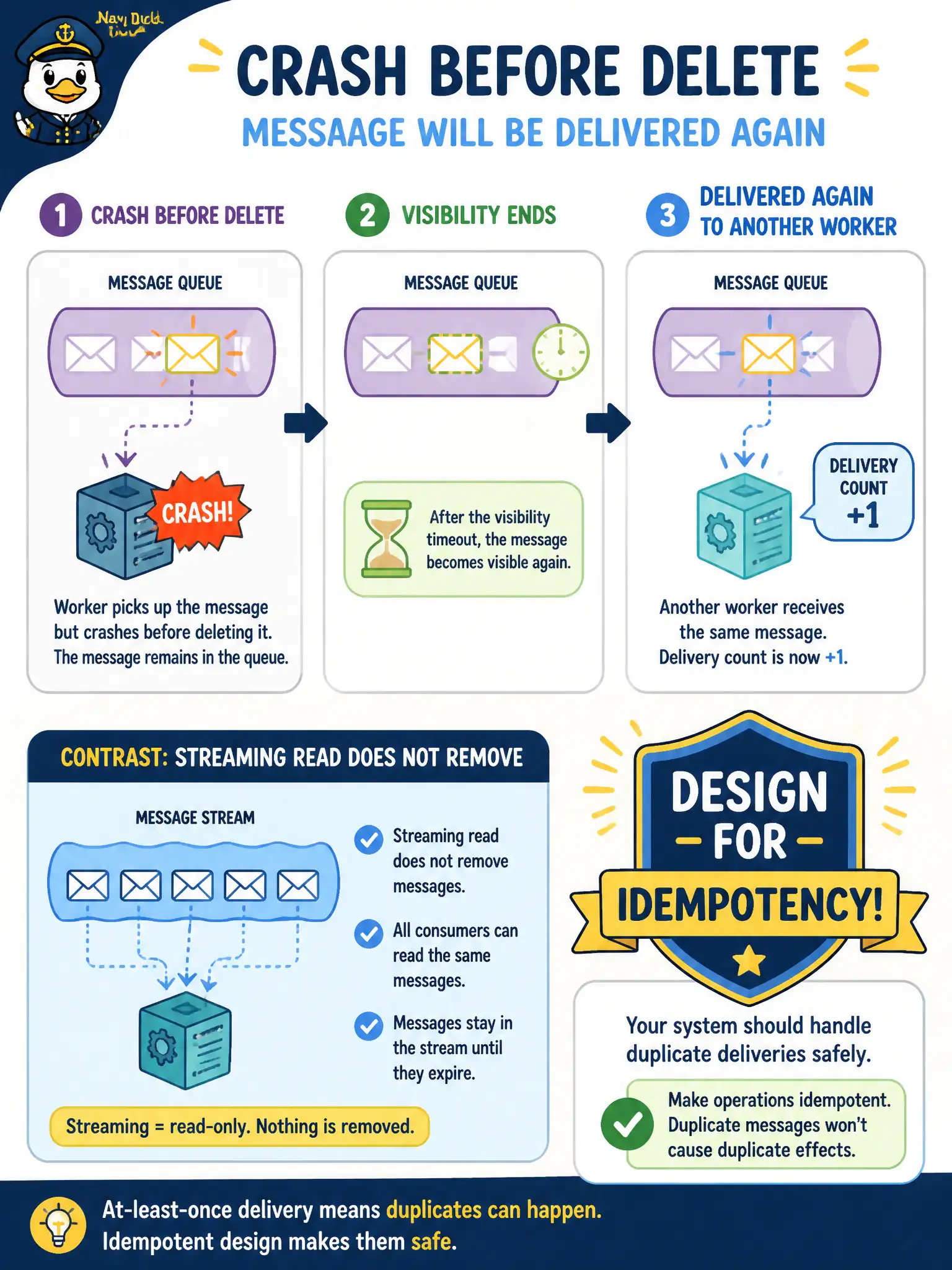 To Create an exciting colorful infographic that explains the concepts in the question: Question: A utility billing worker crashes after consuming a Queue message but before deleting it. What happens when visibility ends, and what design duty follows? Correct Answer: The message becomes visible again, delivery count increases, and handlers must tolerate at-least-once redelivery (idempotent processing). Put EVERY visible label in double quotes. No people. No A/B/C/D letters. In one of the four corners put a little "Navy Duck".