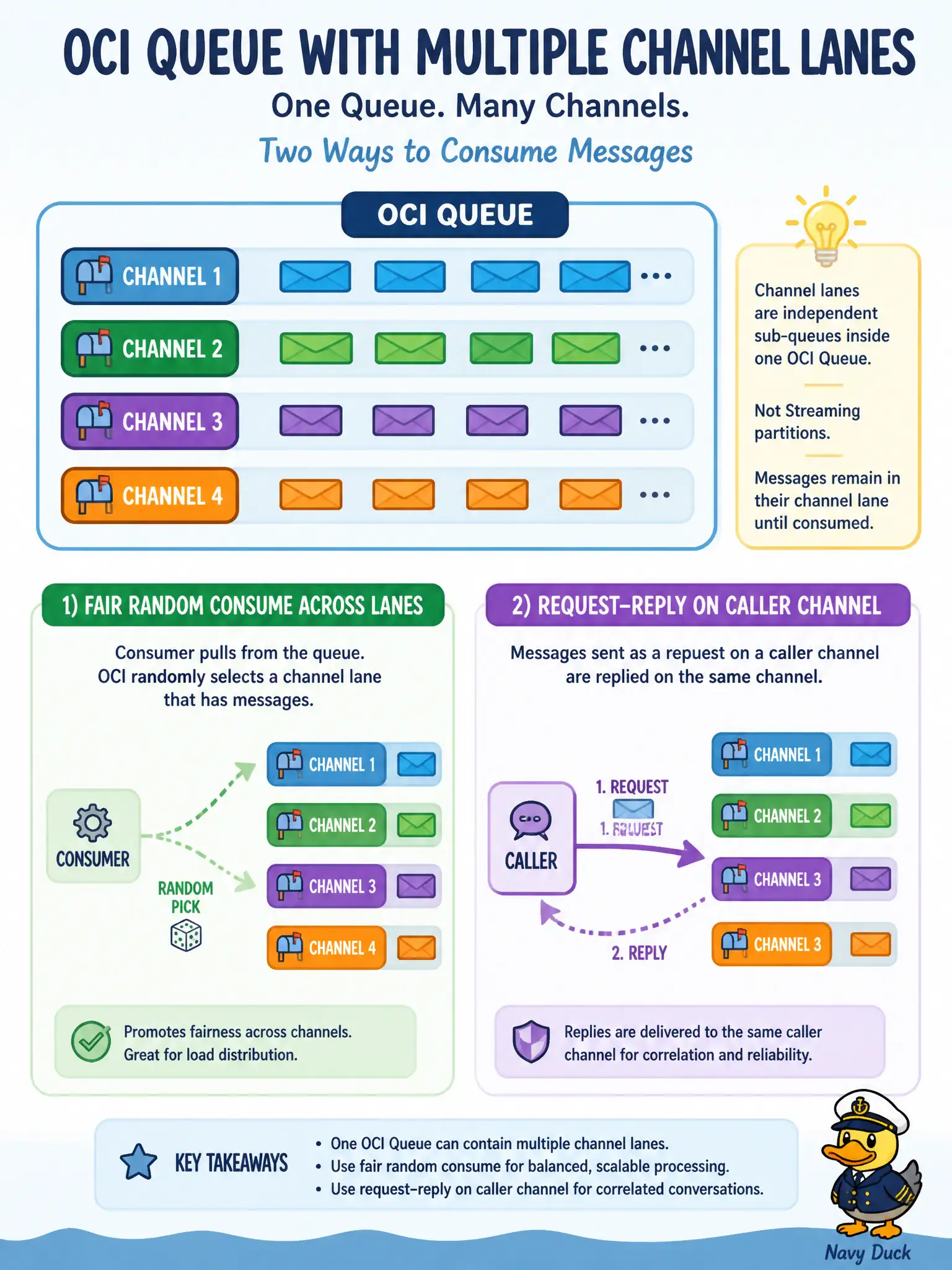 To Create an exciting colorful infographic that explains the concepts in the question: Question: A 311 request-reply API and fair work distribution across producers share one OCI Queue. Which Queue feature provides ephemeral destinations for fairness and caller-specific replies? Correct Answer: Channels: ephemeral destinations inside a queue (up to 256) for targeted publish/consume, fairness, and request-reply. Put EVERY visible label in double quotes. No people. No A/B/C/D letters. In one of the four corners put a little "Navy Duck".