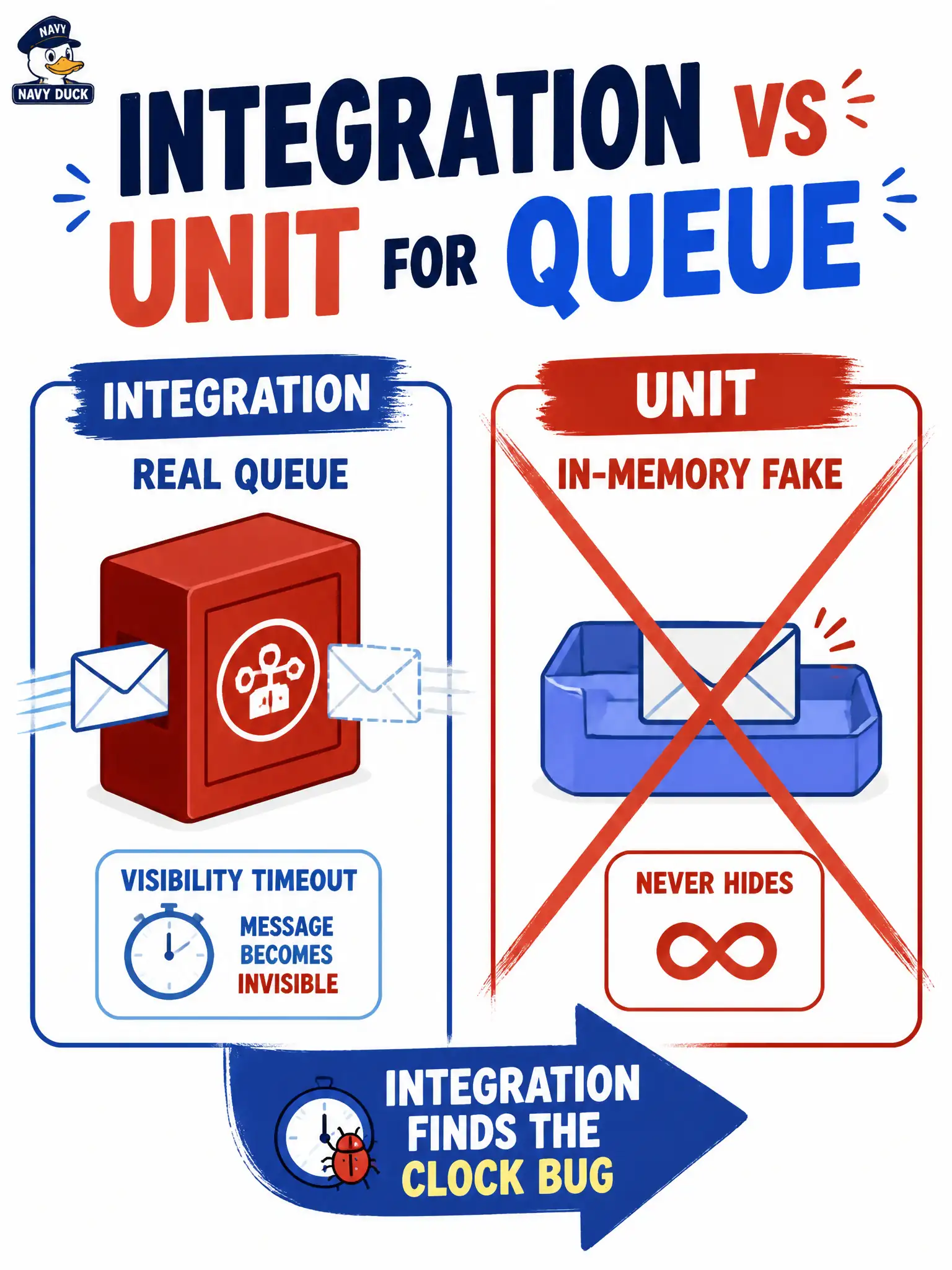 To Create an exciting colorful infographic that explains the concepts in the question: Question: A code-enforcement worker must prove it can publish, consume, and delete on OCI Queue the way production will—including visibility timeout behavior. Which test approach fits? Correct Answer: Integration tests against a real Queue or a stand-in that speaks the same protocol, not an in-memory fake that never hides messages. Put EVERY visible label in double quotes. No people. No A/B/C/D letters. In one of the four corners put a little "Navy Duck".
