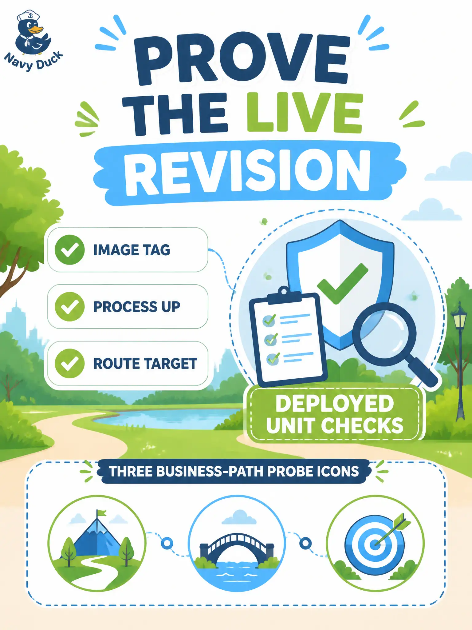 To Create an exciting colorful infographic that explains the concepts in the question: Question: After a parks-reservation service rolls out a new revision on OKE, which post-deploy checks best prove the new revision actually serves? Correct Answer: Confirm the live revision (right image, process up, route pointing at it) and run a small set of business-path probes against that revision. Put EVERY visible label in double quotes. No people. No A/B/C/D letters. In one of the four corners put a little "Navy Duck".