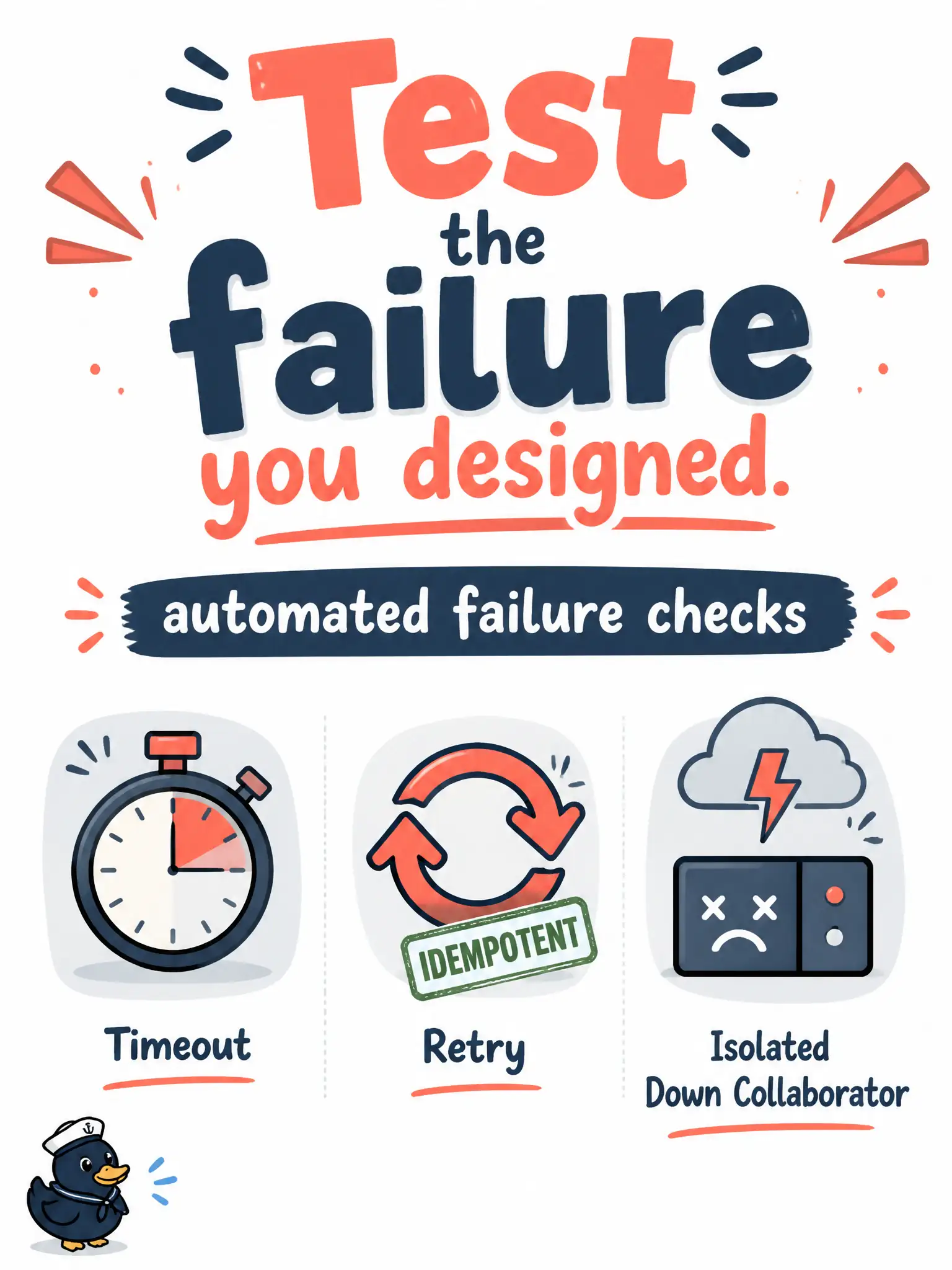 To Create an exciting colorful infographic that explains the concepts in the question: Question: A zoning microservice times out a hung GIS dependency, retries carefully, and requires POSTs to be idempotent. What should the automated suite include? Correct Answer: Automated checks that a hung dependency does not hang the caller forever and that retried POSTs remain safe because the handler is idempotent. Put EVERY visible label in double quotes. No people. No A/B/C/D letters. In one of the four corners put a little "Navy Duck".