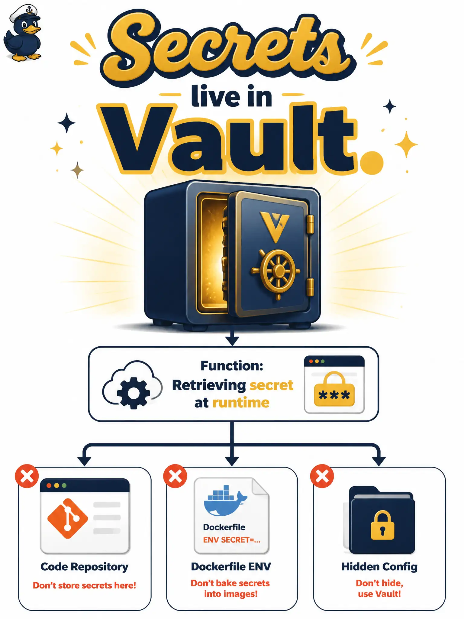 To Create an exciting colorful infographic that explains the concepts in the question: Question: A citizen-portal Function needs a database password at run time. Where should that secret live? Correct Answer: In OCI Vault, with the app retrieving current secret contents at run time rather than baking credentials into code, images, or “hidden” Function config values. Put EVERY visible label in double quotes. No people. No A/B/C/D letters. In one of the four corners put a little "Navy Duck".